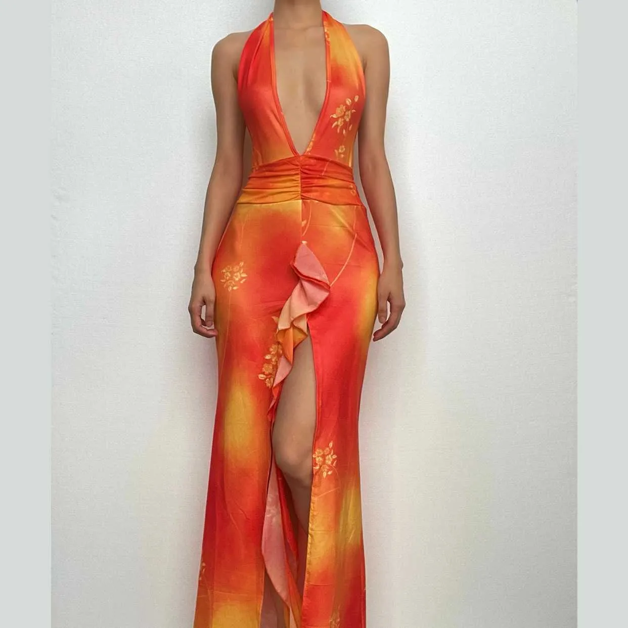 BerriesJam - Backless Halter Self Tie V Neck Slit Tie Dye Maxi Dress