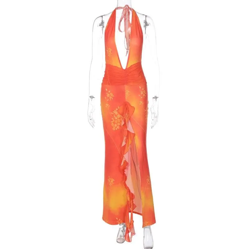 BerriesJam - Backless Halter Self Tie V Neck Slit Tie Dye Maxi Dress