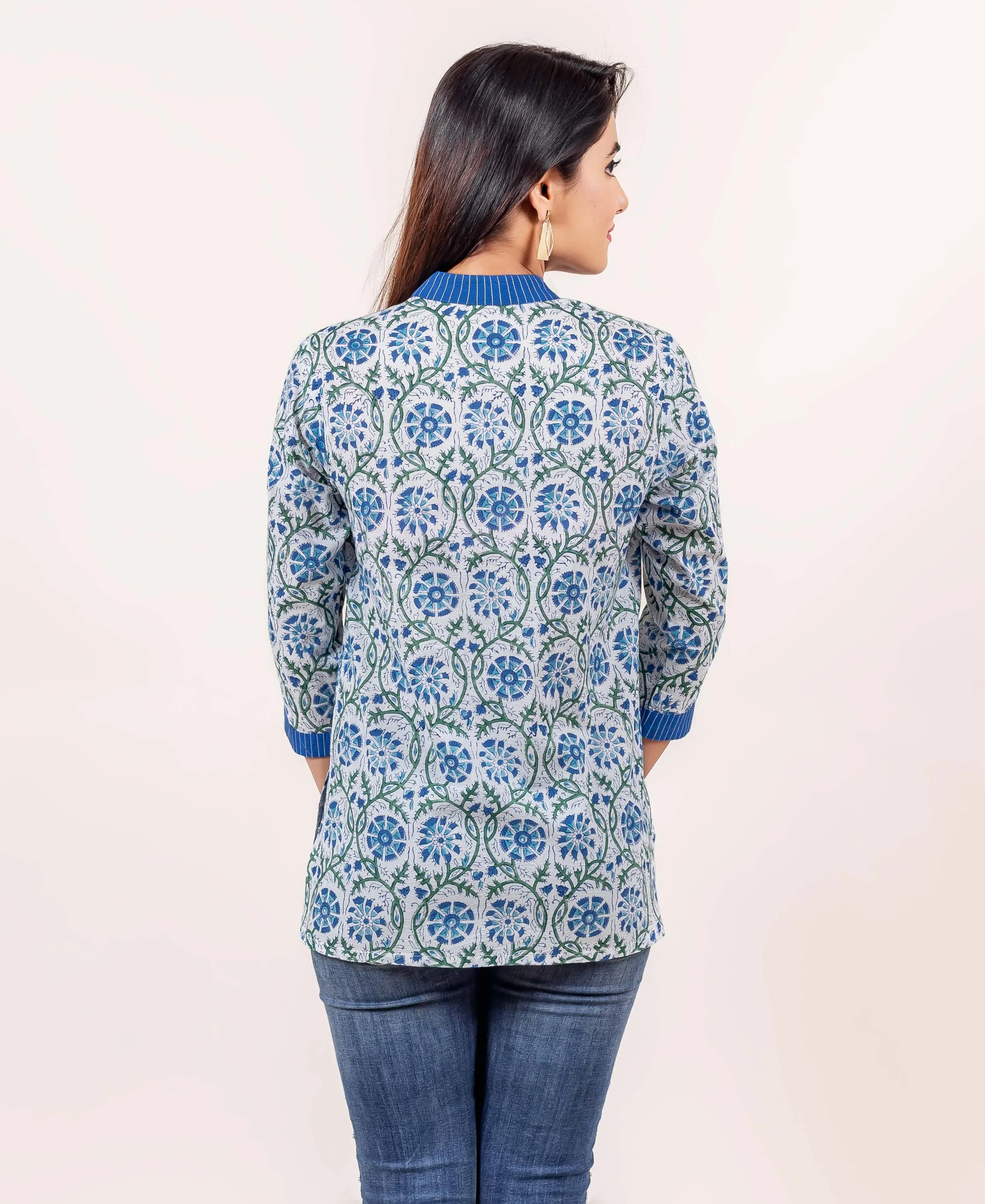 Blue and White Block Printed Top with Mandarin Collar