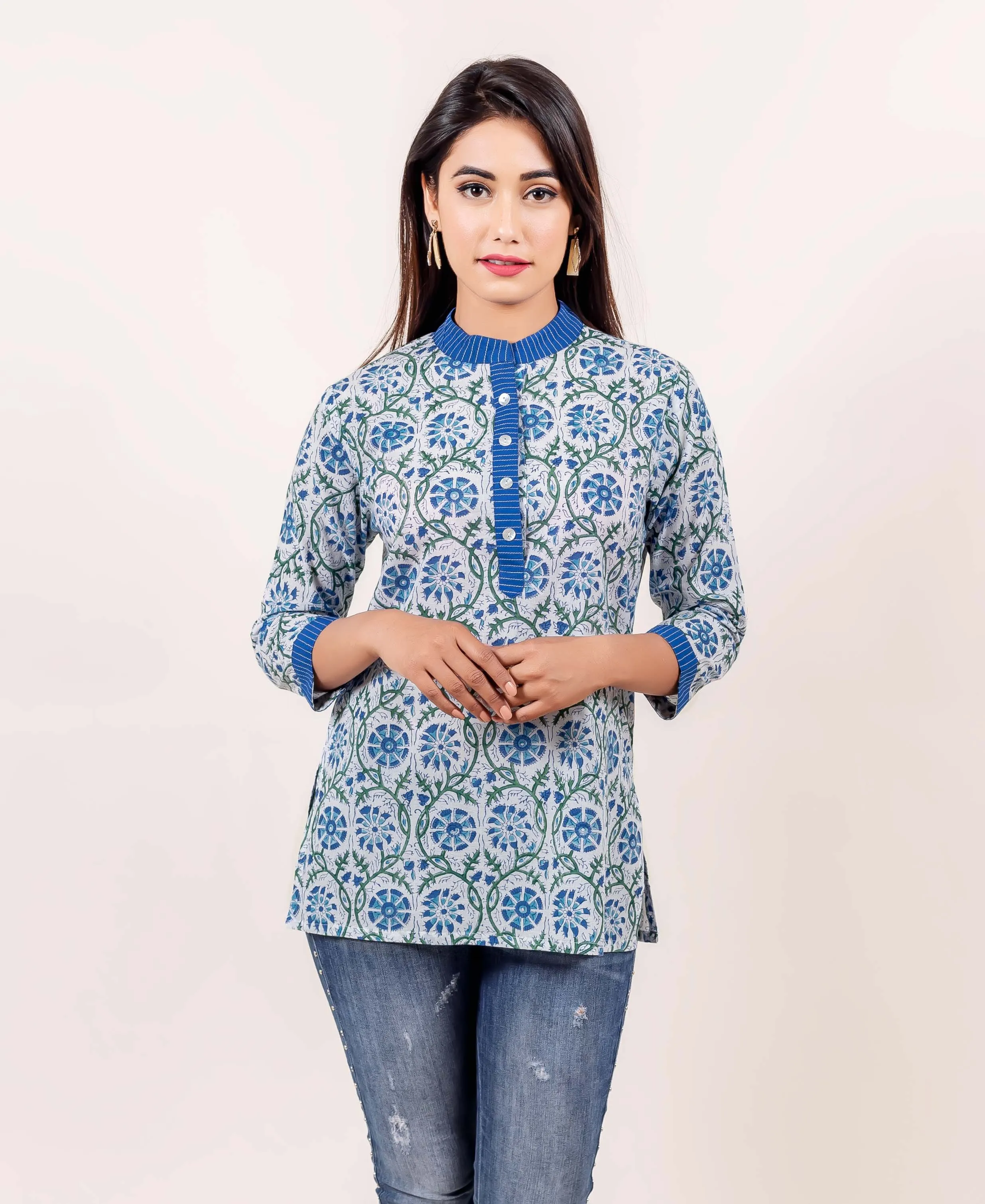 Blue and White Block Printed Top with Mandarin Collar