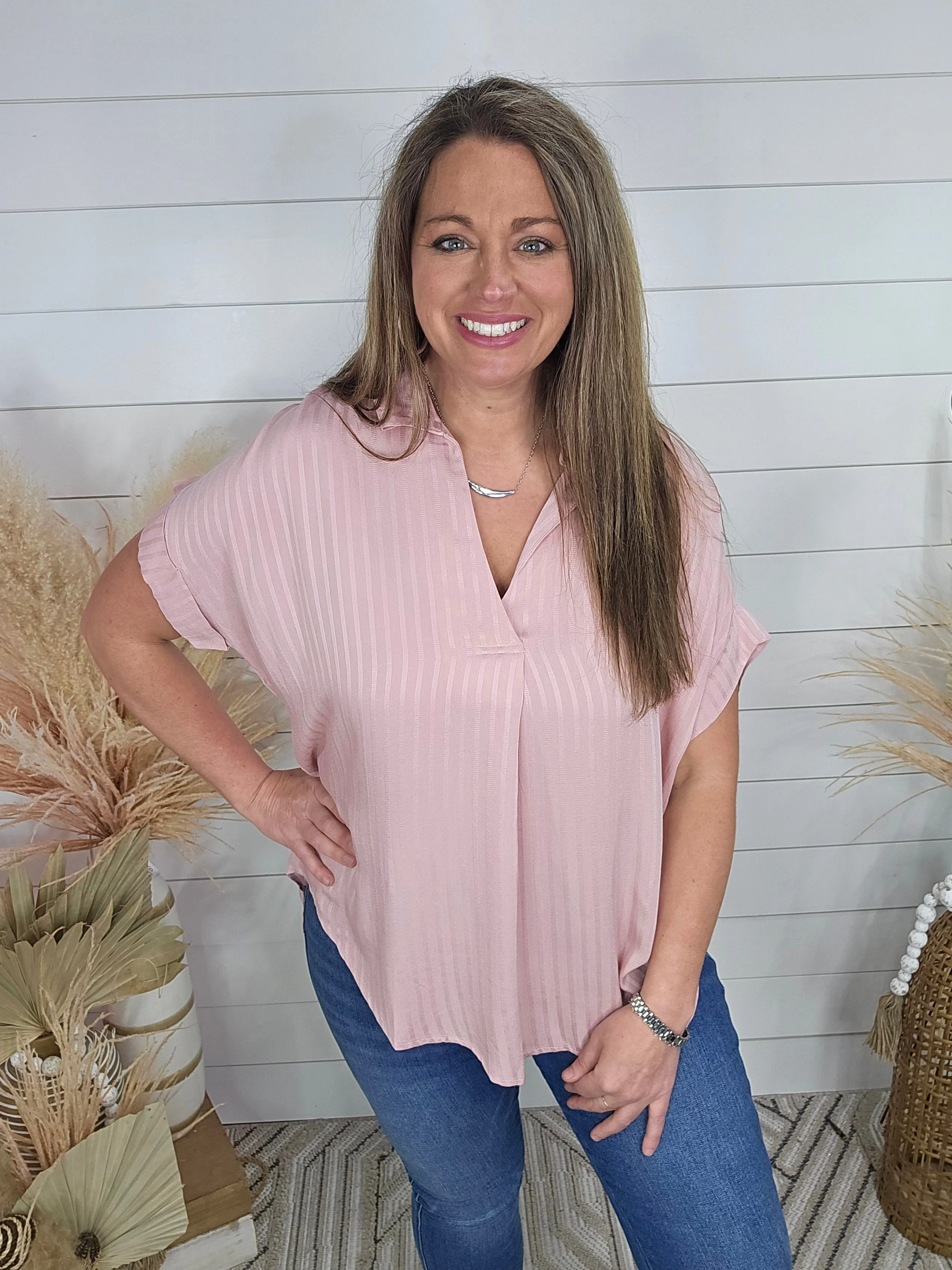 BLUSH STRIPED SPLIT NECK TOP