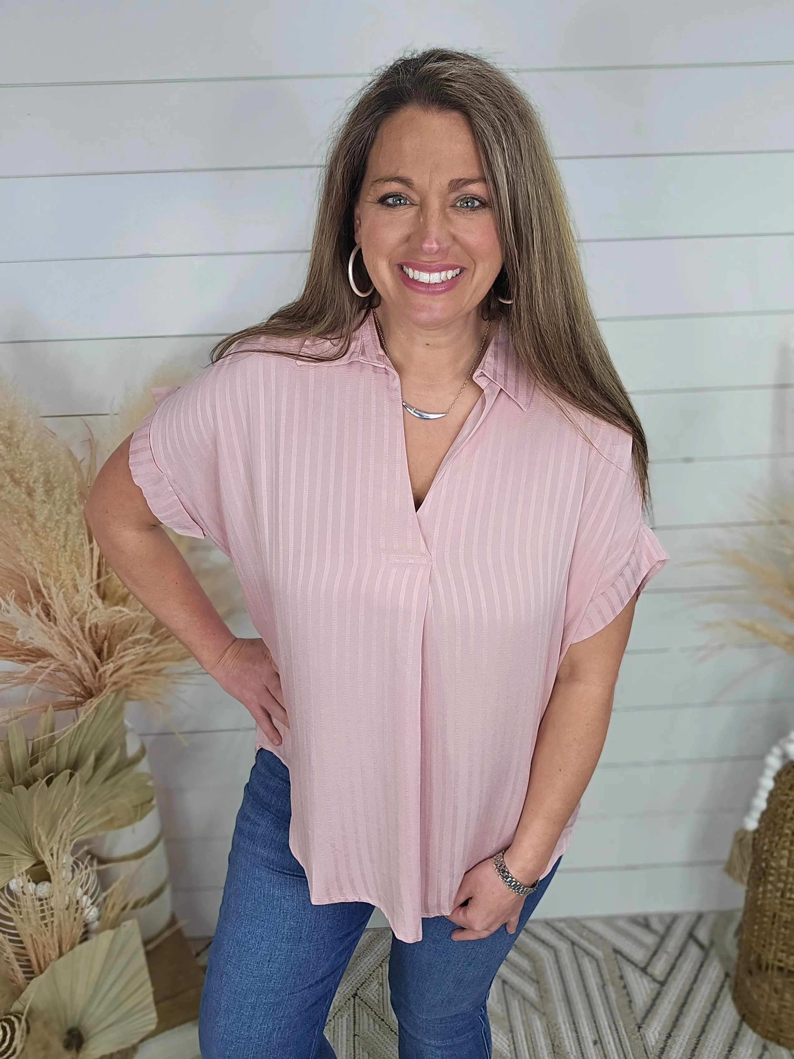 BLUSH STRIPED SPLIT NECK TOP