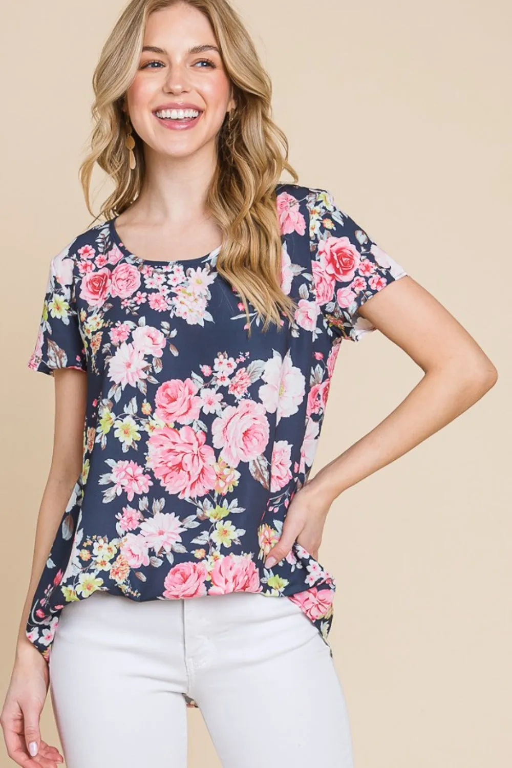 BOMBOM Floral Round Neck Short Sleeve T-Shirt