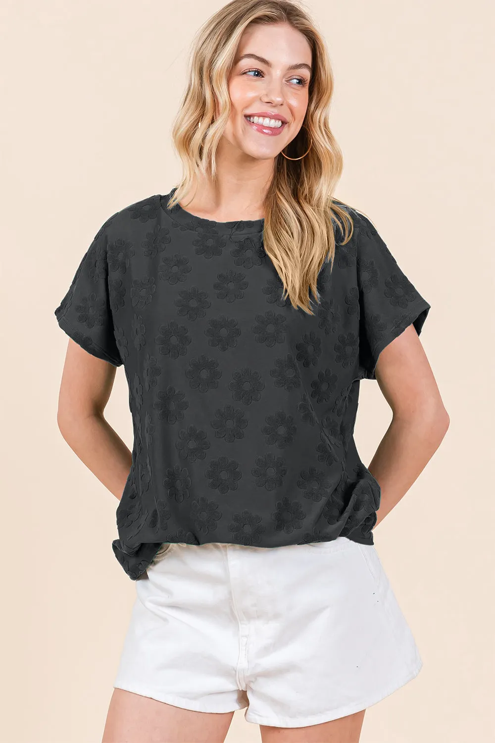 BOMBOM Textured Floral Pattern Short Sleeve T-Shirt