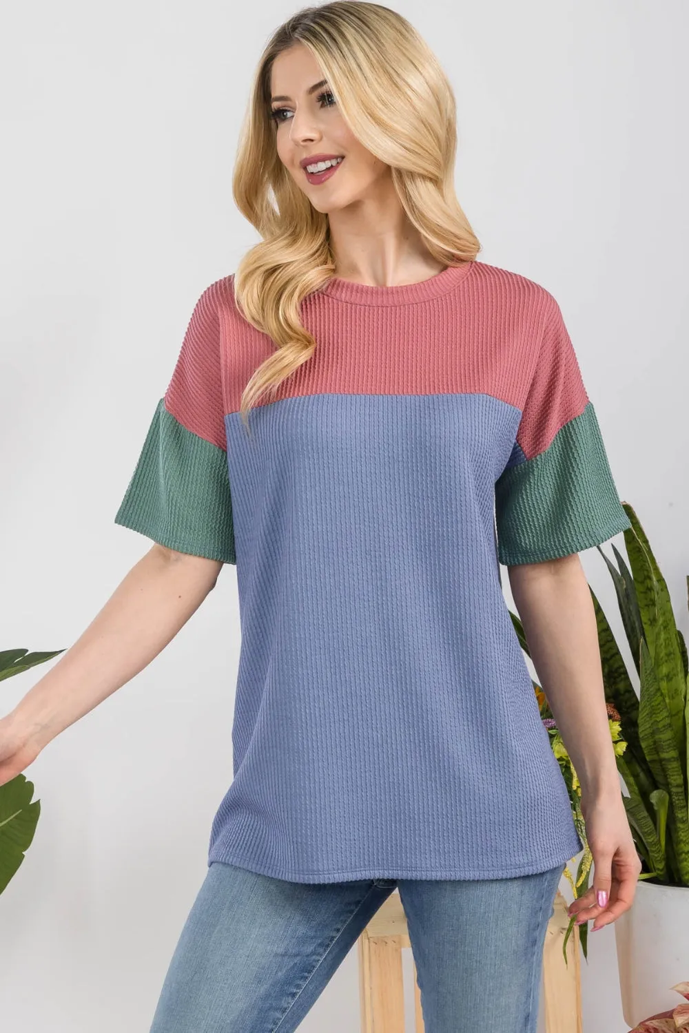 Celeste Full Size Ribbed Color Block T-Shirt