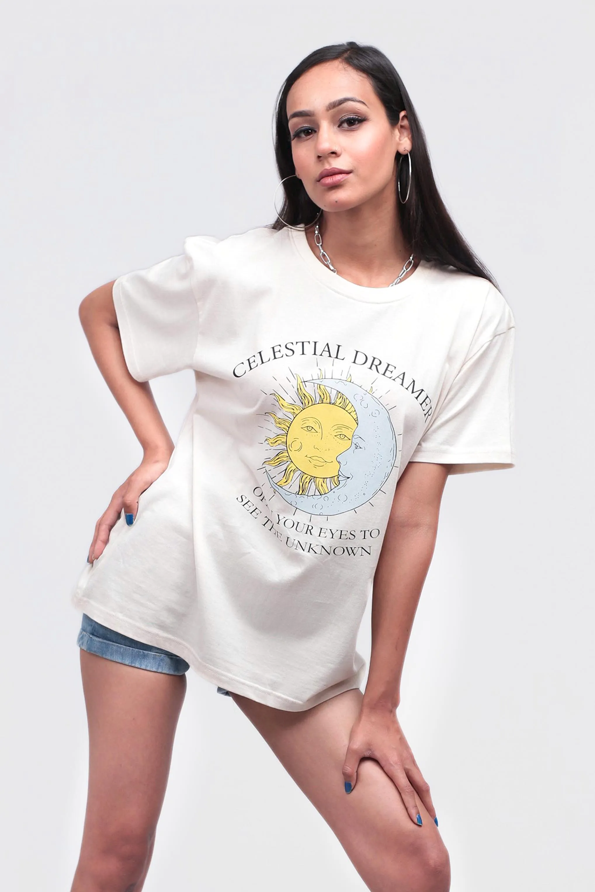 Celestial Dreamer Beige Oversized Tee