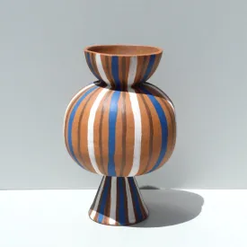 Chubby Blue And White Striped Terracotta Vessel