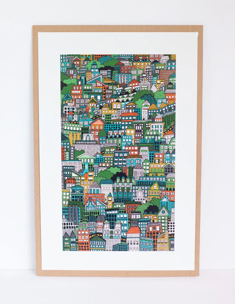 city art print, city illustration print, busy city sprawl illustration, colorful wall art for the home