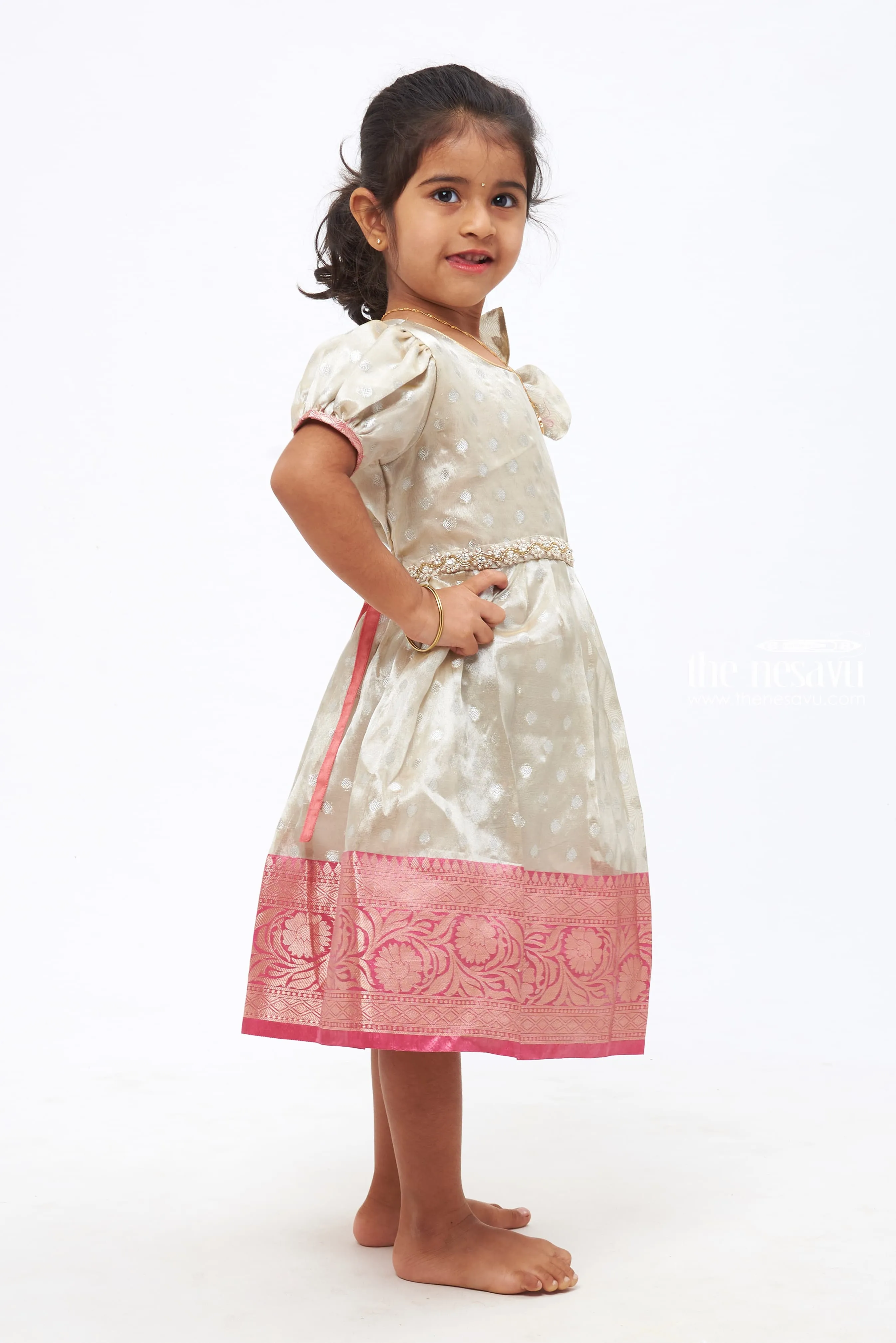 Classic Elegance: Grey Silk Frock with Hip Stone Embellishment - Traditional Kids' Festive Wear