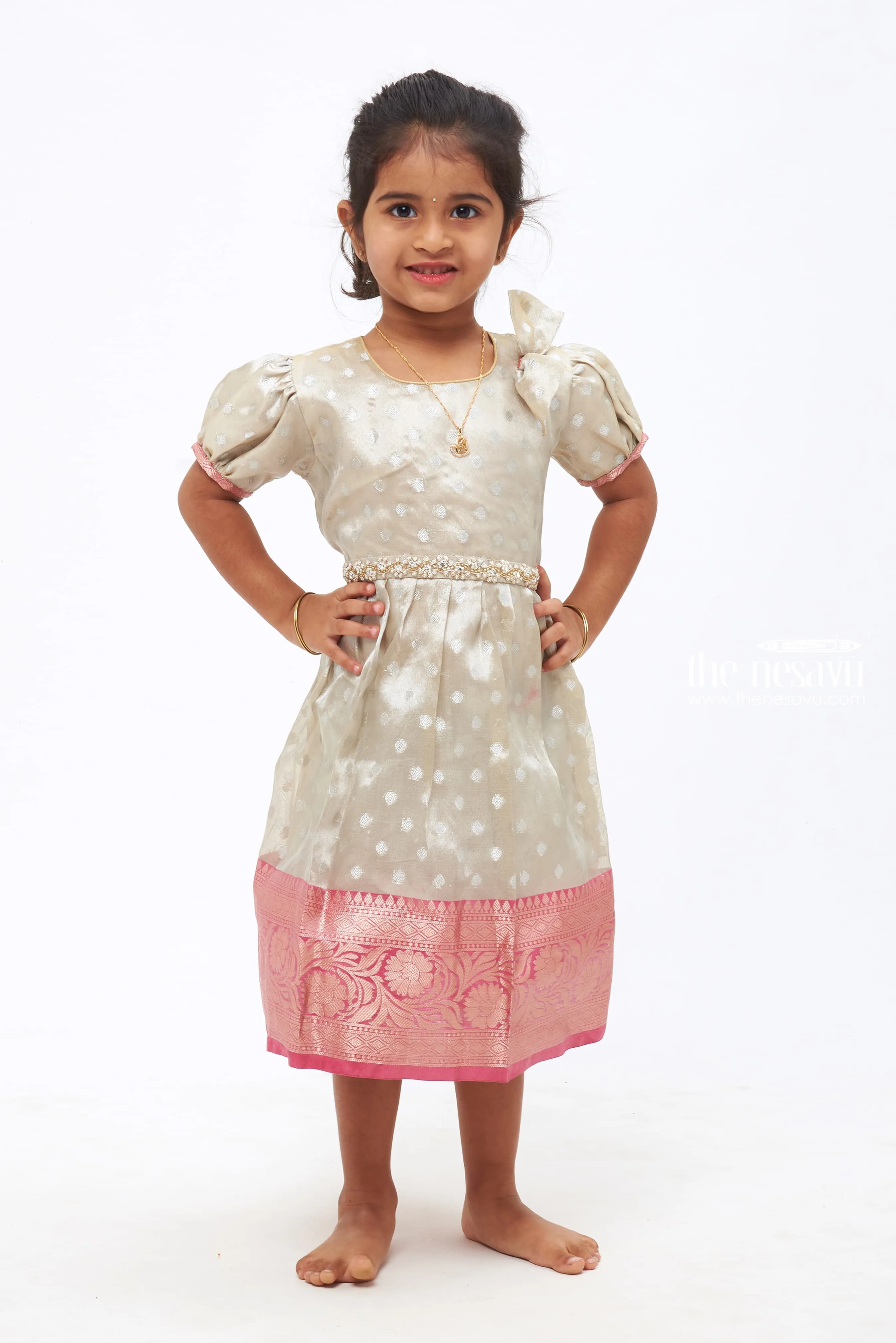 Classic Elegance: Grey Silk Frock with Hip Stone Embellishment - Traditional Kids' Festive Wear