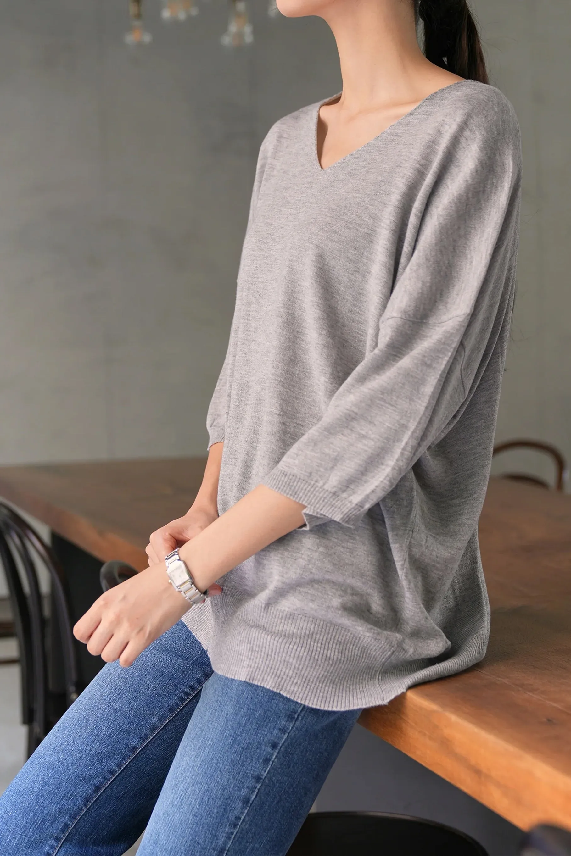 Claudia V-Neck Knit Top, Grey