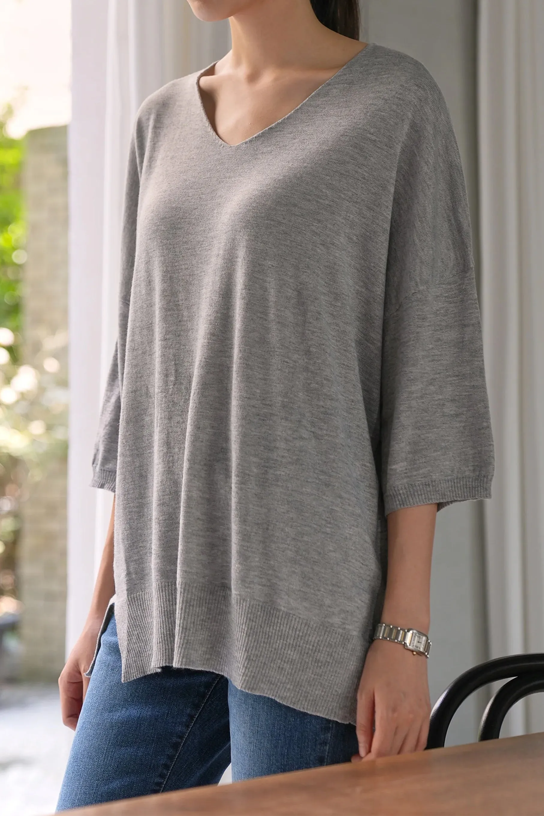 Claudia V-Neck Knit Top, Grey