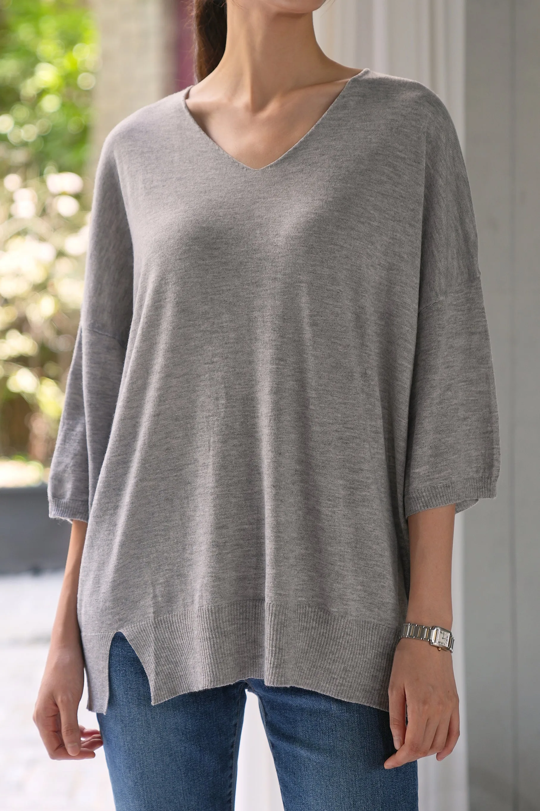 Claudia V-Neck Knit Top, Grey