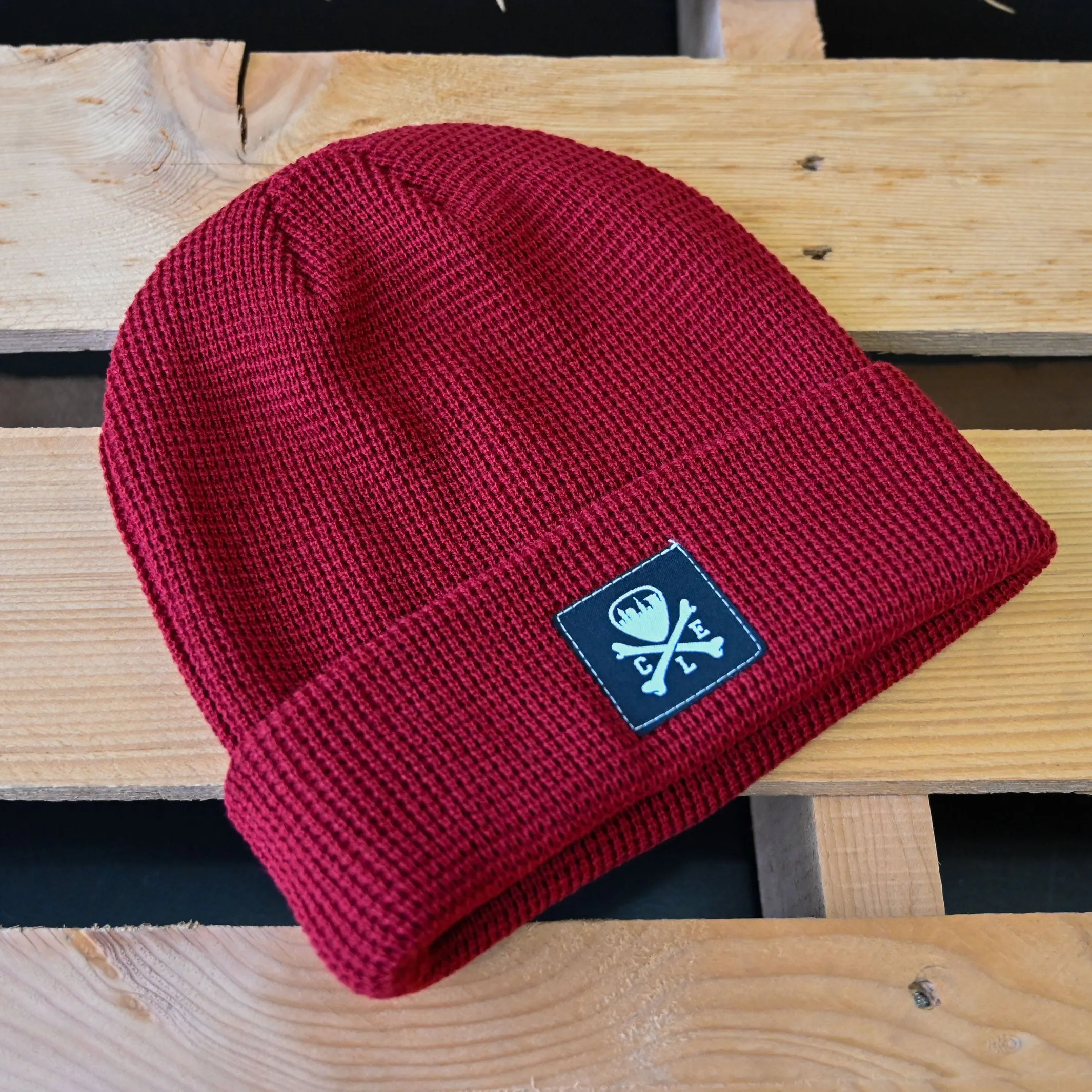 CLE Logo Waffle Knit Beanie, Maroon