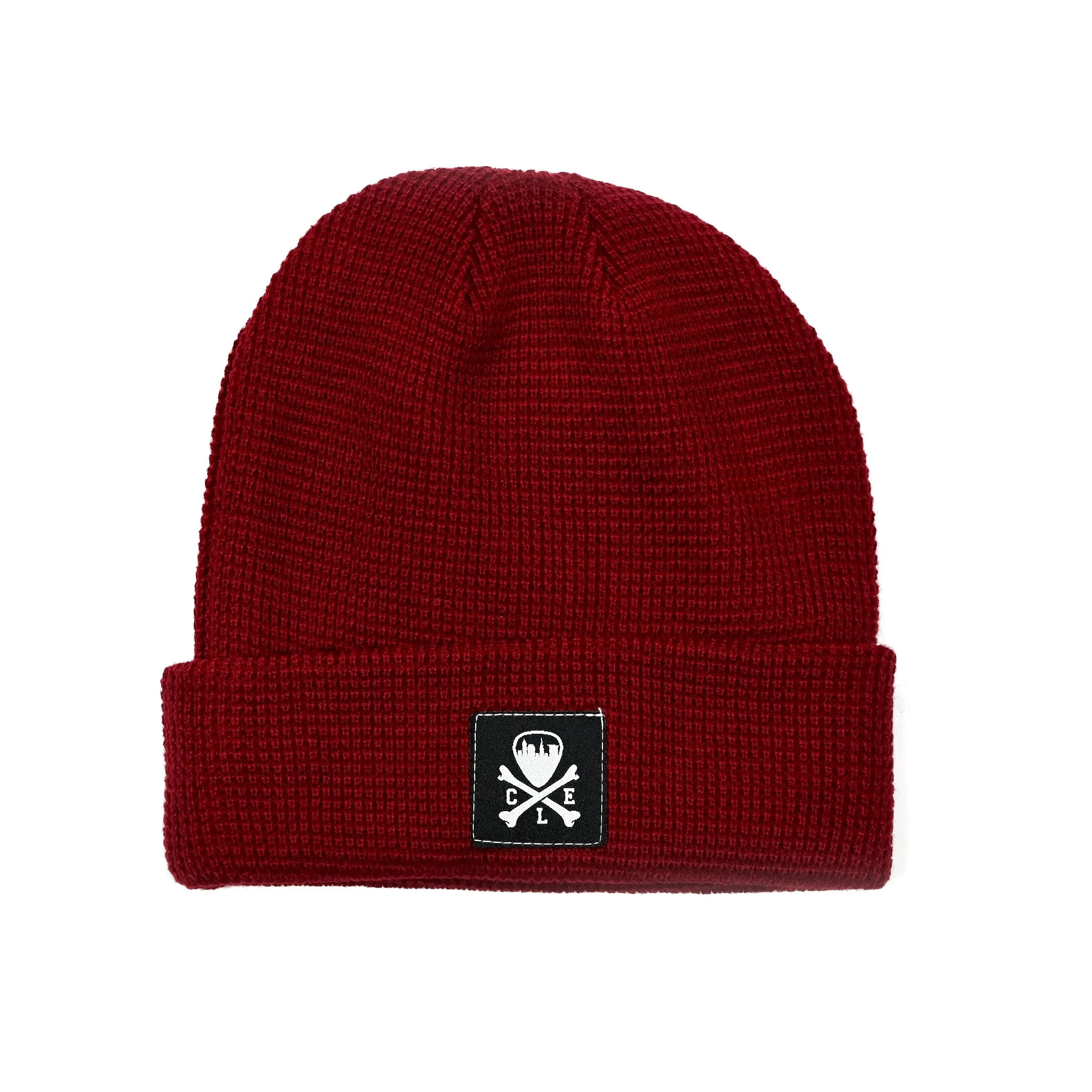 CLE Logo Waffle Knit Beanie, Maroon