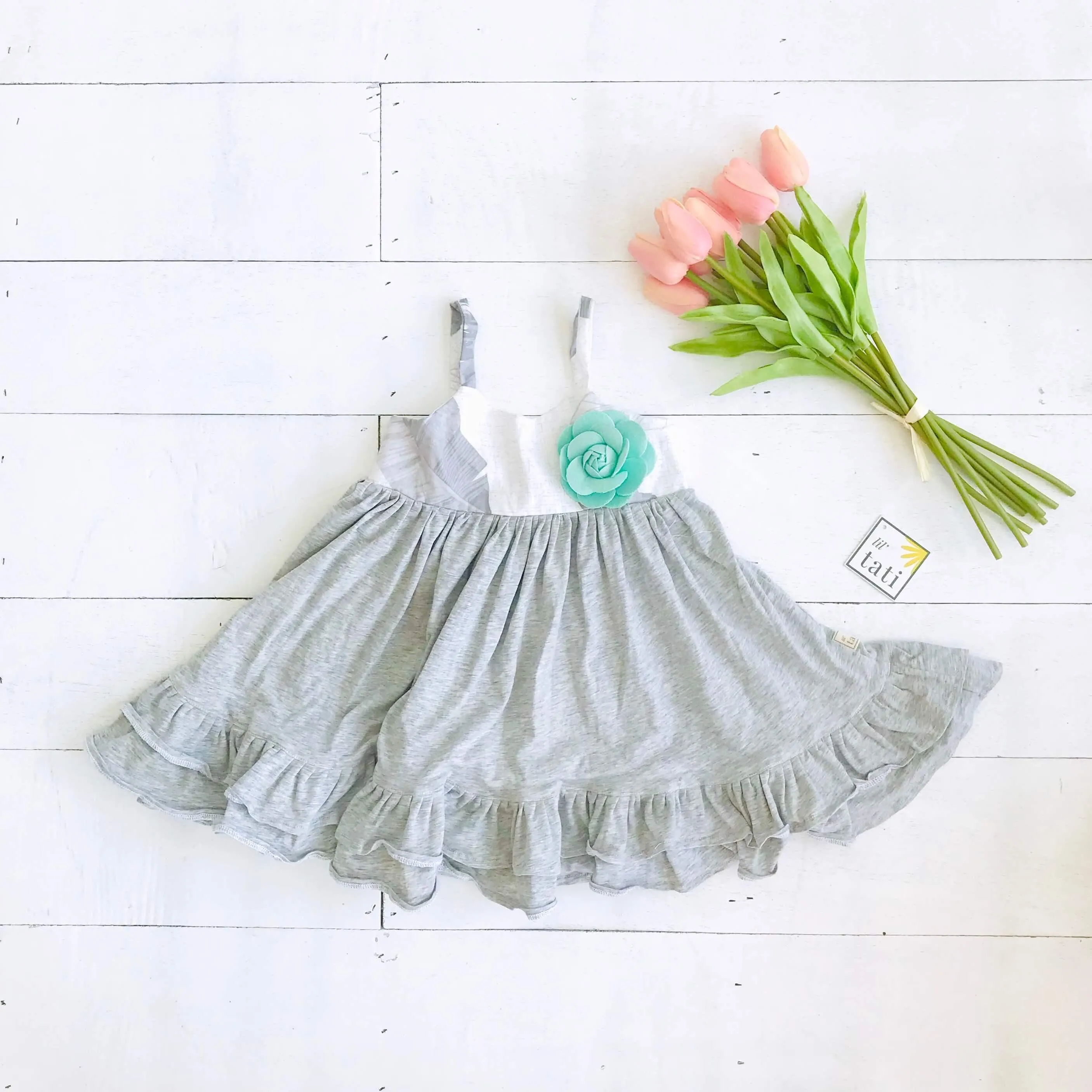 Dahlia Dress in Banana Leaves and Gray Stretch