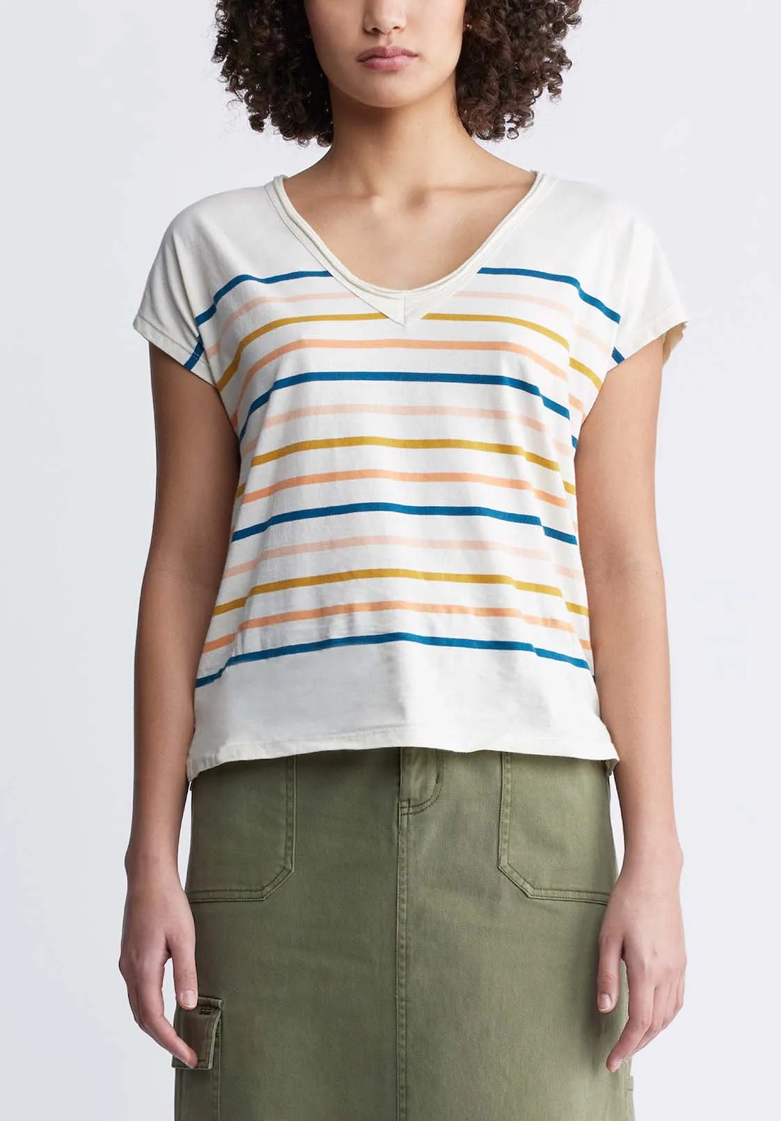 Danique Women’s V-Neck Striped T-Shirt In White - KT0122P