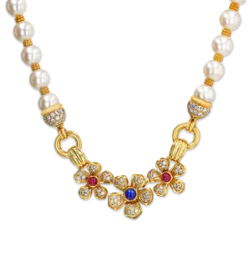 Diamond and Pearl Floral Necklace