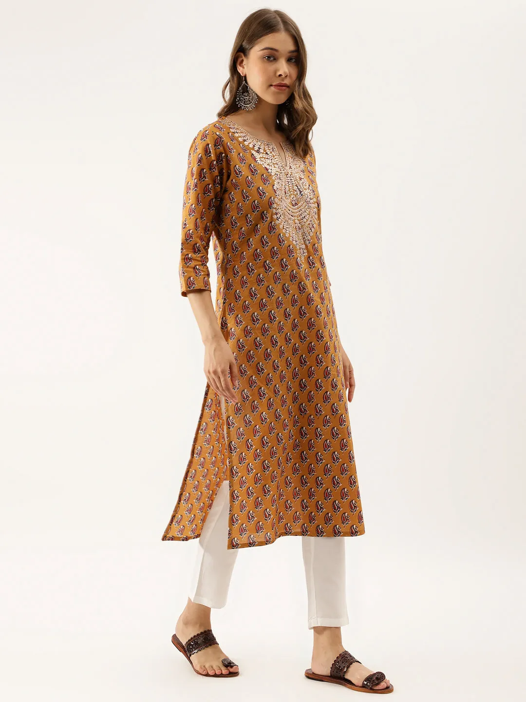 Divena Brown Floral Printed Cotton Zari Work Kurta for Women