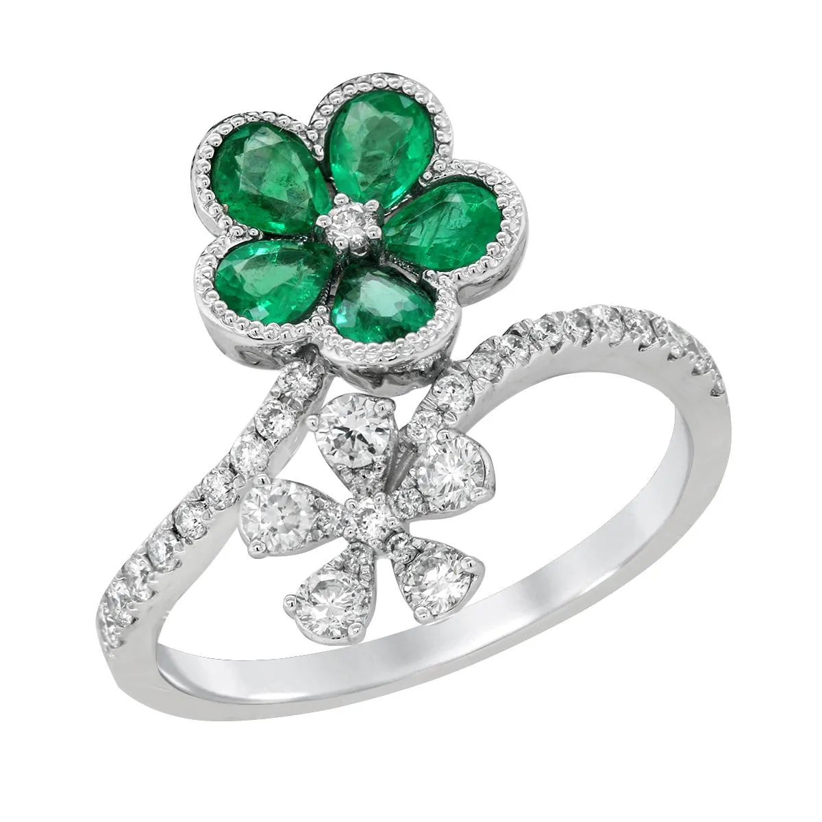 EMERALD AND DIAMOND SPRING FLOWER RING, .39 CT TW