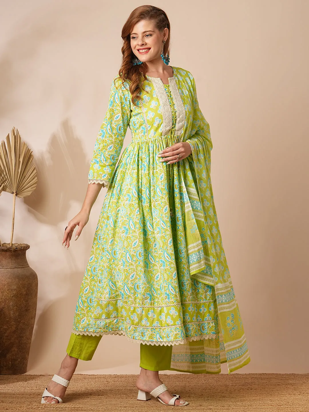 Ethnic Floral Printed A-Line Pleated Kurta with Pant and Printed Dupatta - Lime Green