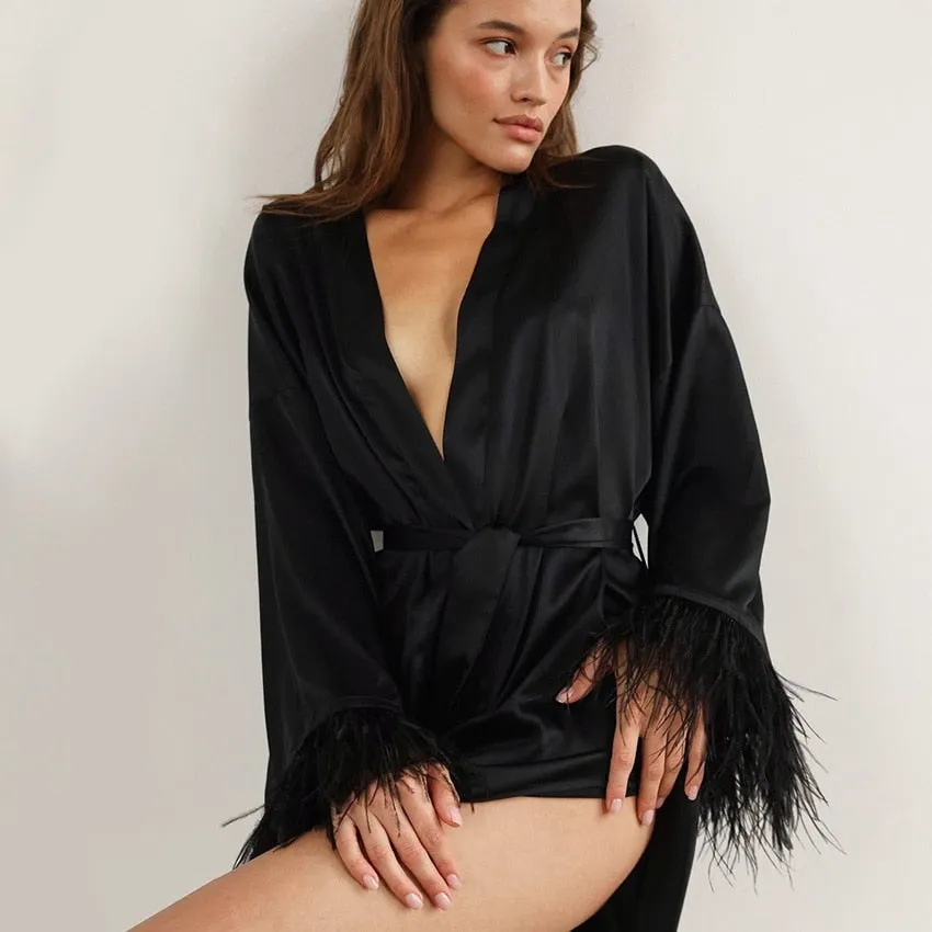 Feather Bathrobes Satin Sexy Mini Dress Long Sleeve Loose Peignoirs For Women Robe White Wedding Dress Black Bride Dress