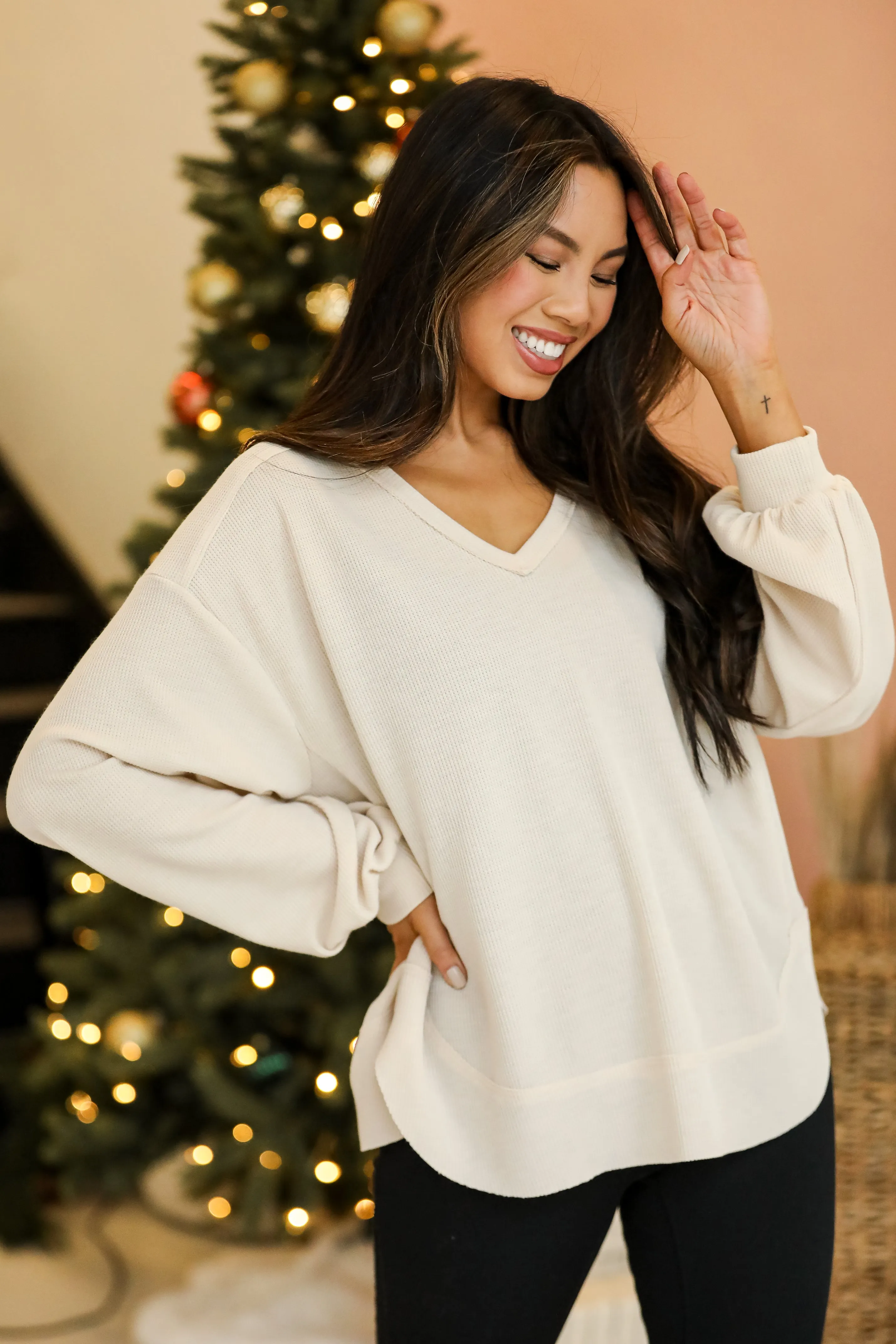 FINAL SALE - Adored By You Oatmeal Waffle Knit Top