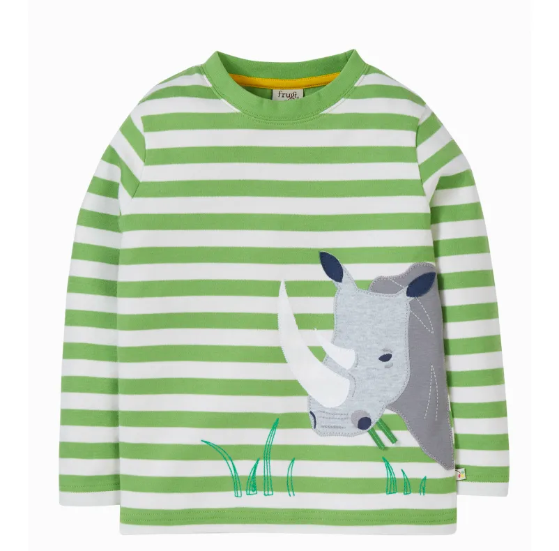 Frugi Discovery Applique Top - Kiwi Stripe / Rhino