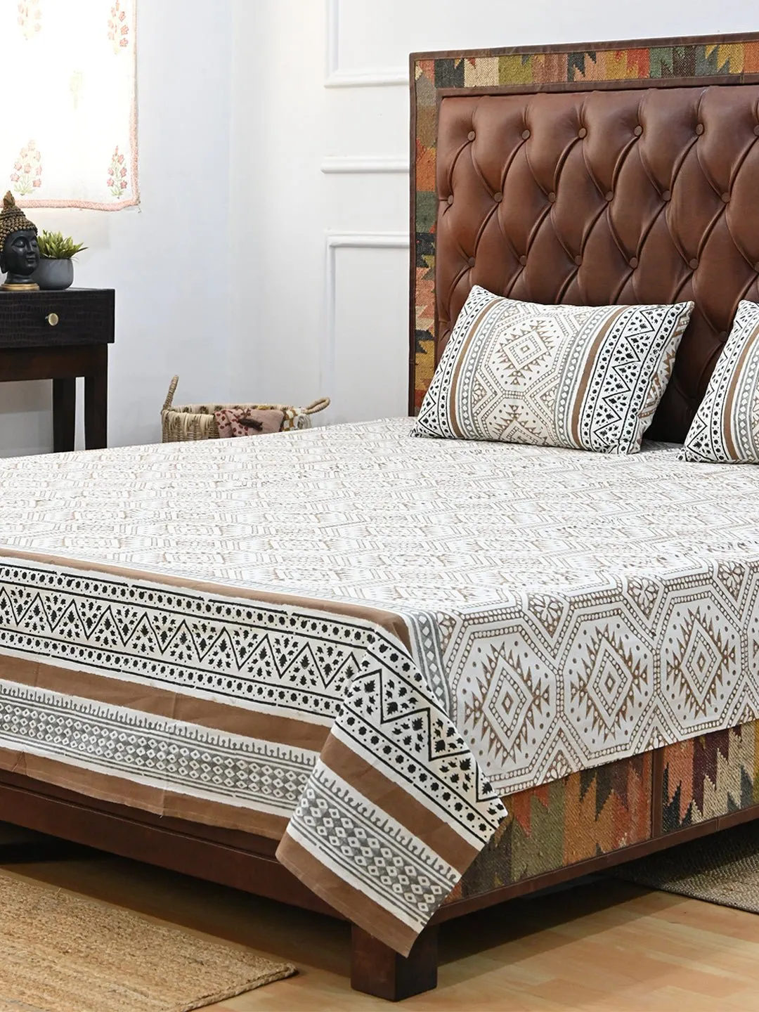 GEOMETRIC BROWN COTTON PRINTED DOUBLE BEDSHEET WITH PILLOW