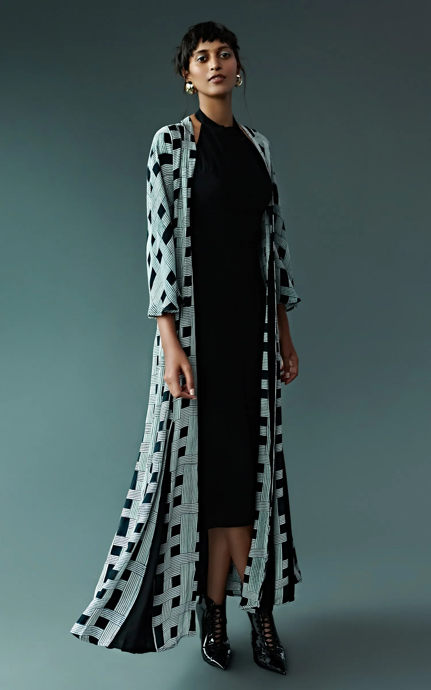 Geometric Printed Jacket With Halter Neck Dress