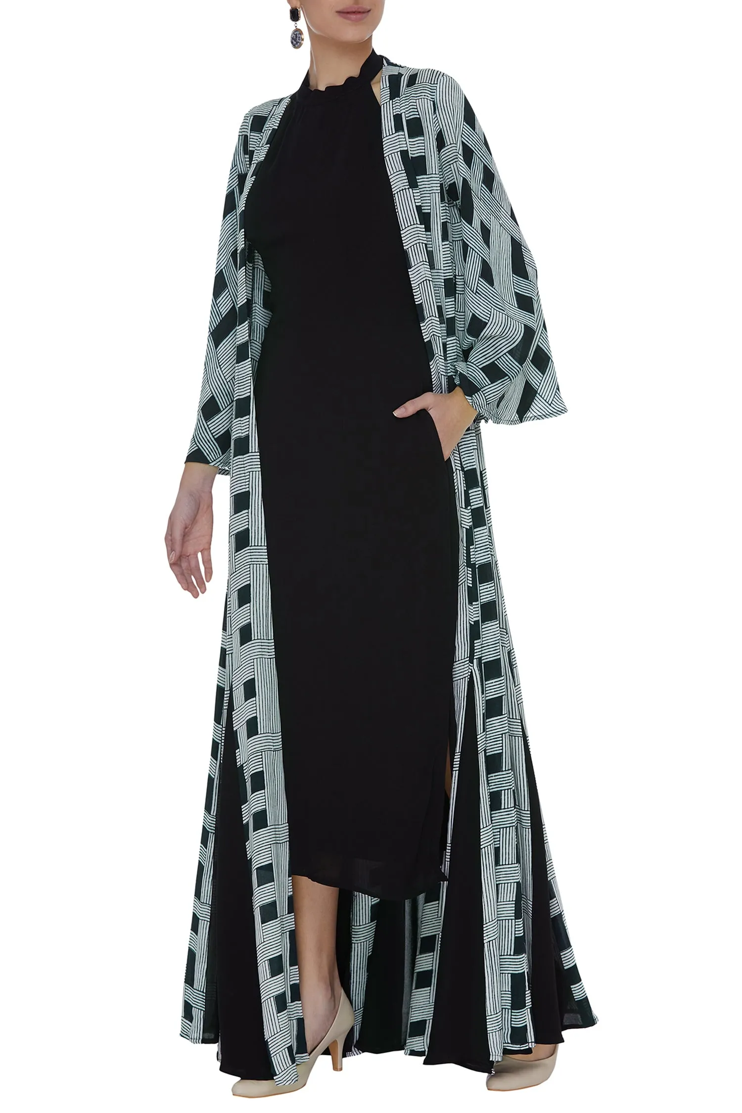 Geometric Printed Jacket With Halter Neck Dress