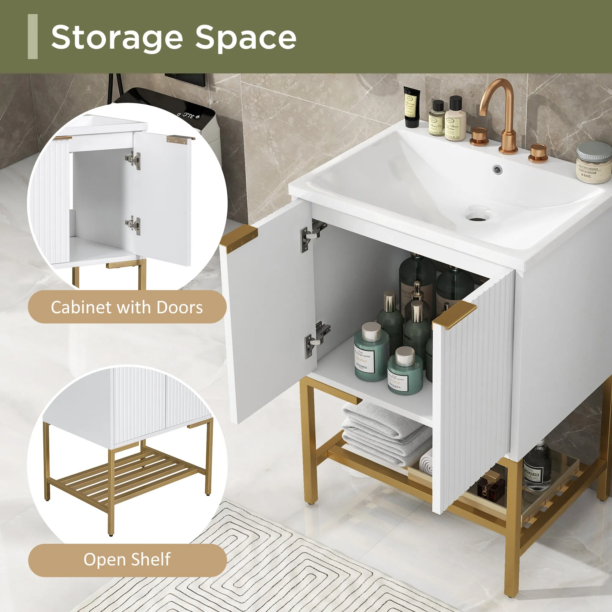 Gold Frame  Bathroom Vanity  - White