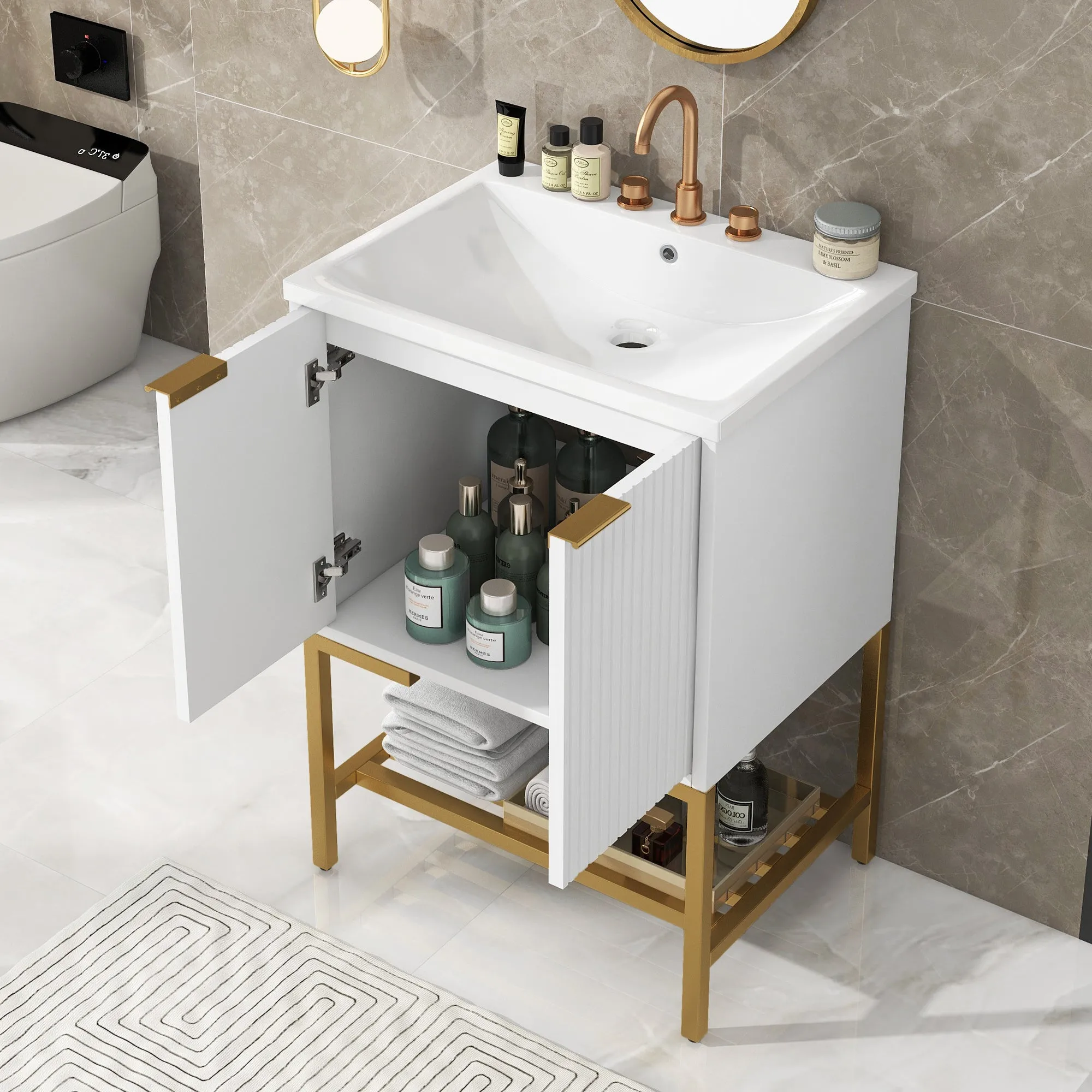 Gold Frame  Bathroom Vanity  - White