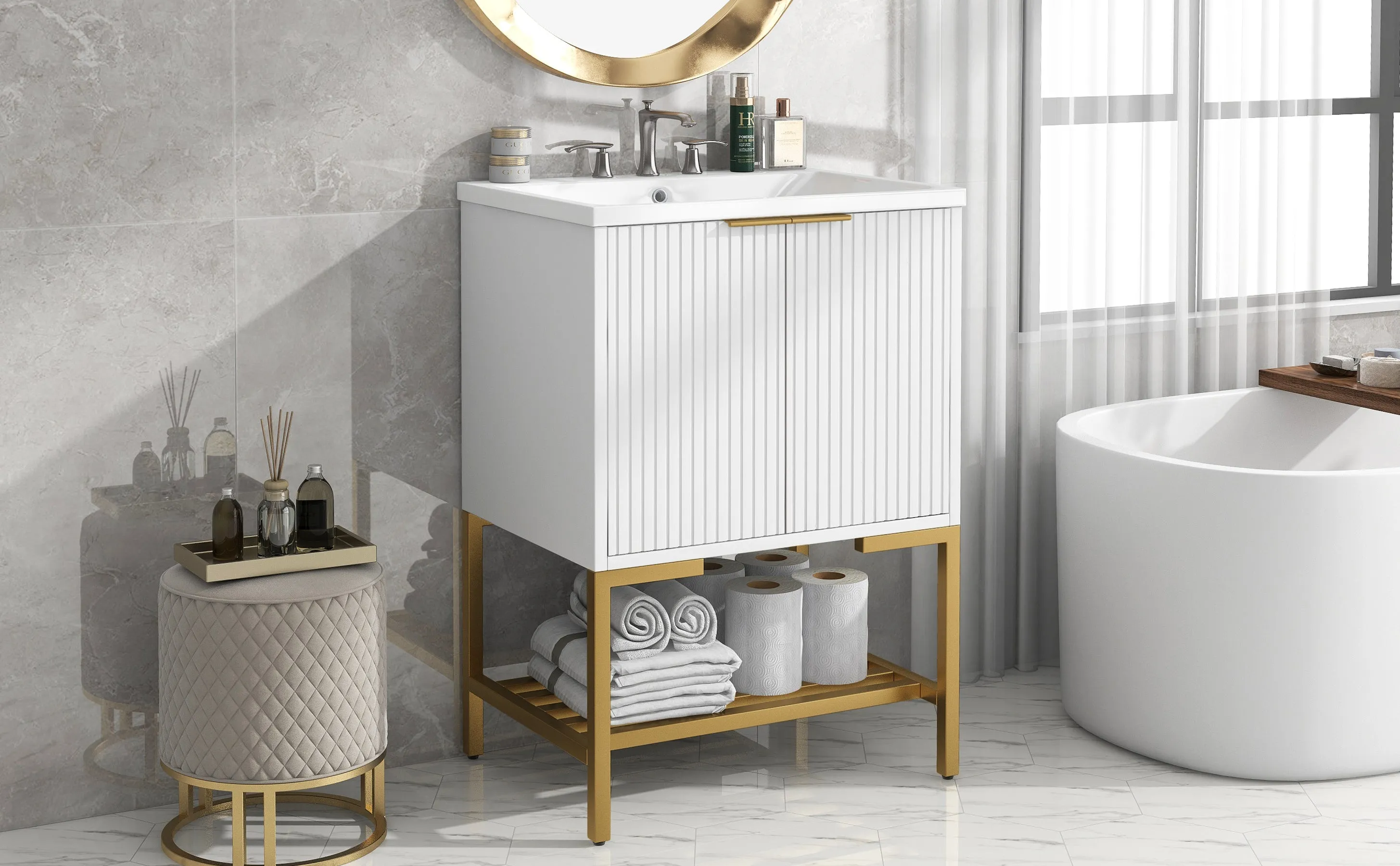 Gold Frame  Bathroom Vanity  - White