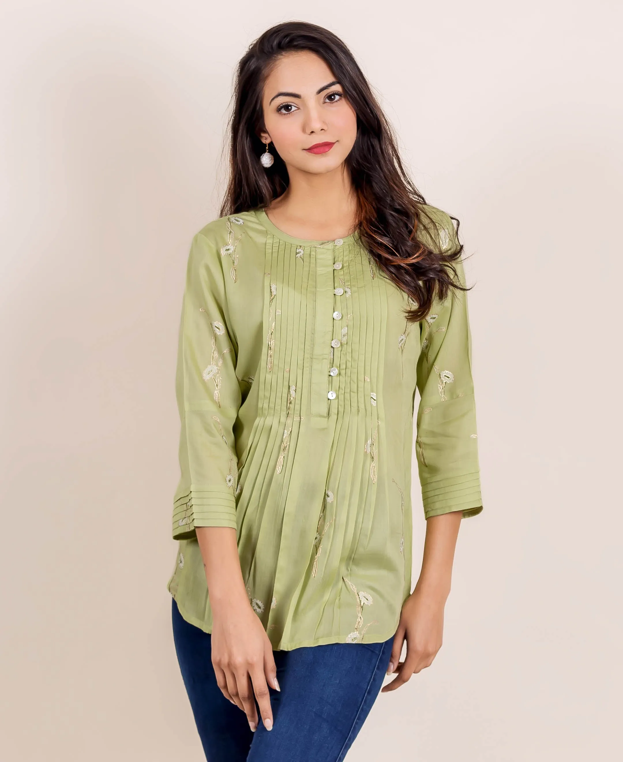 Green Hand Block Printed Pleated Top