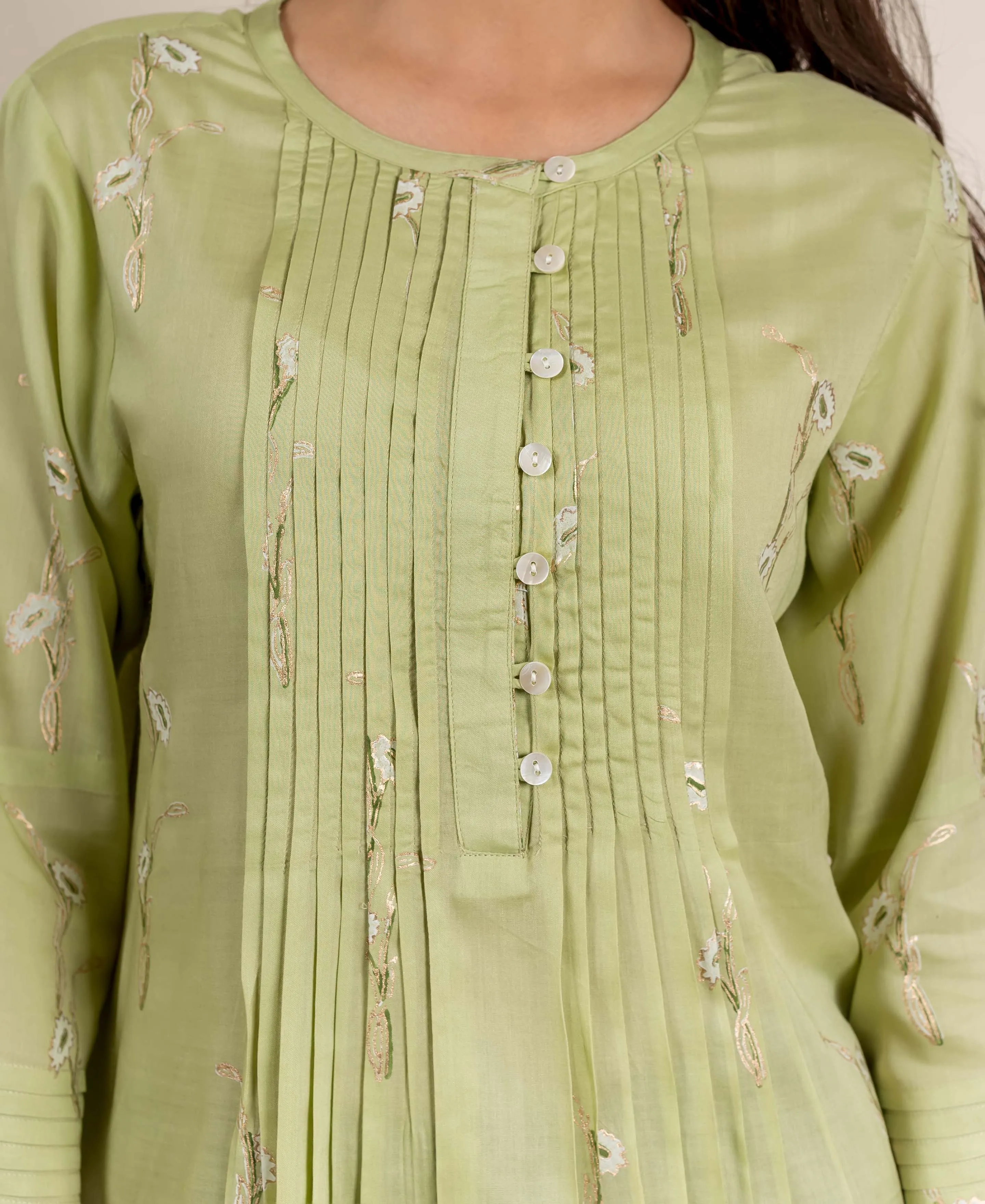 Green Hand Block Printed Pleated Top