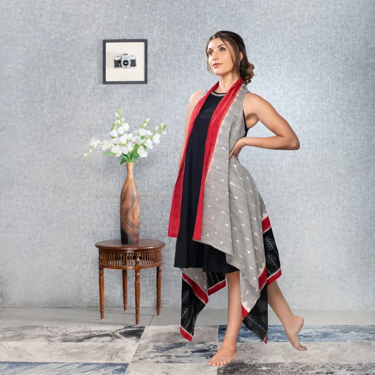 Grey & Red Ikat Handmade Long Shrug