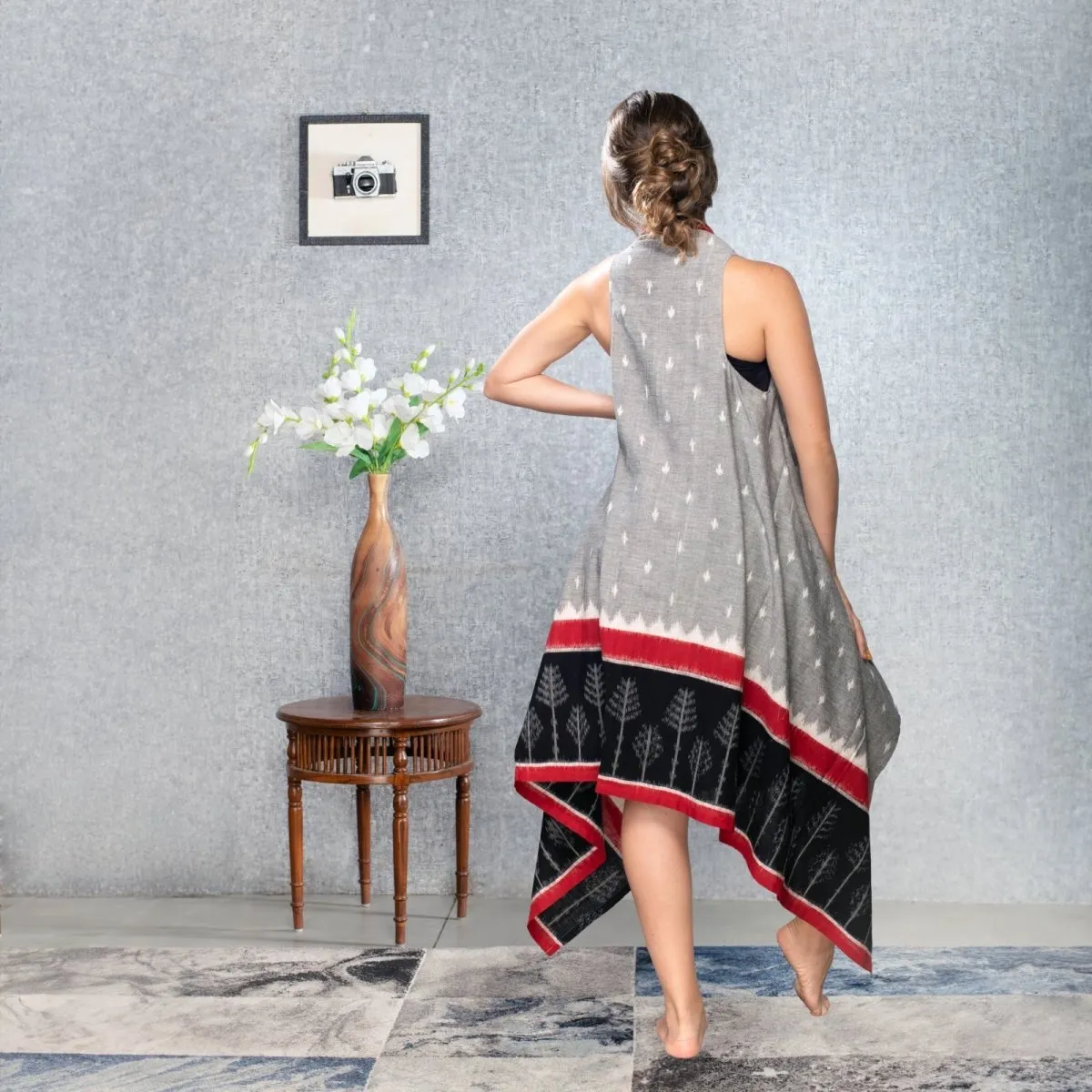 Grey & Red Ikat Handmade Long Shrug