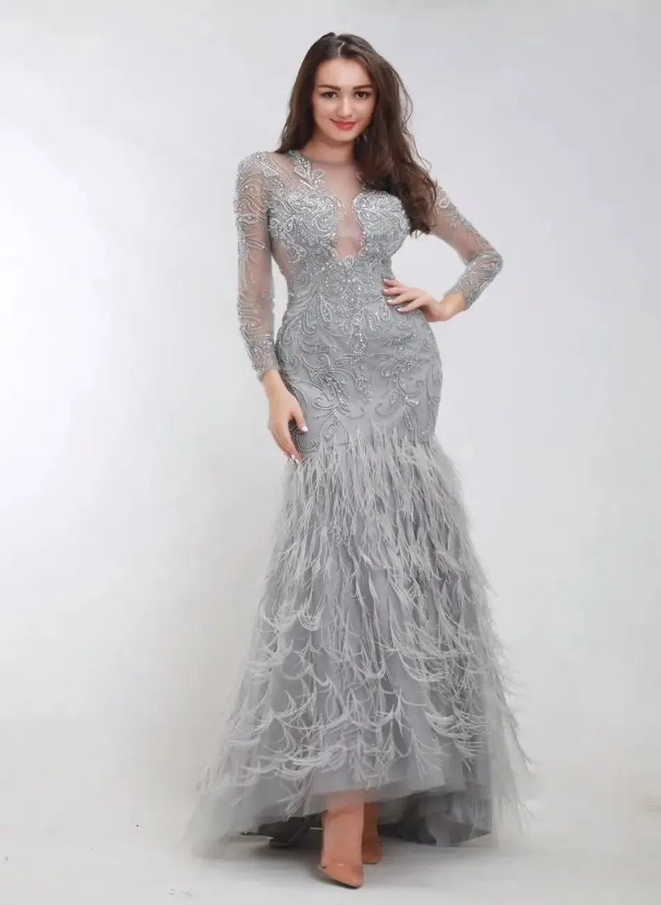 Grey Beading Embroidered Long sleeves Maxi Dress