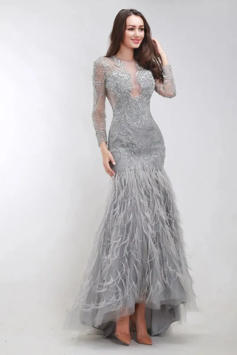 Grey Beading Embroidered Long sleeves Maxi Dress