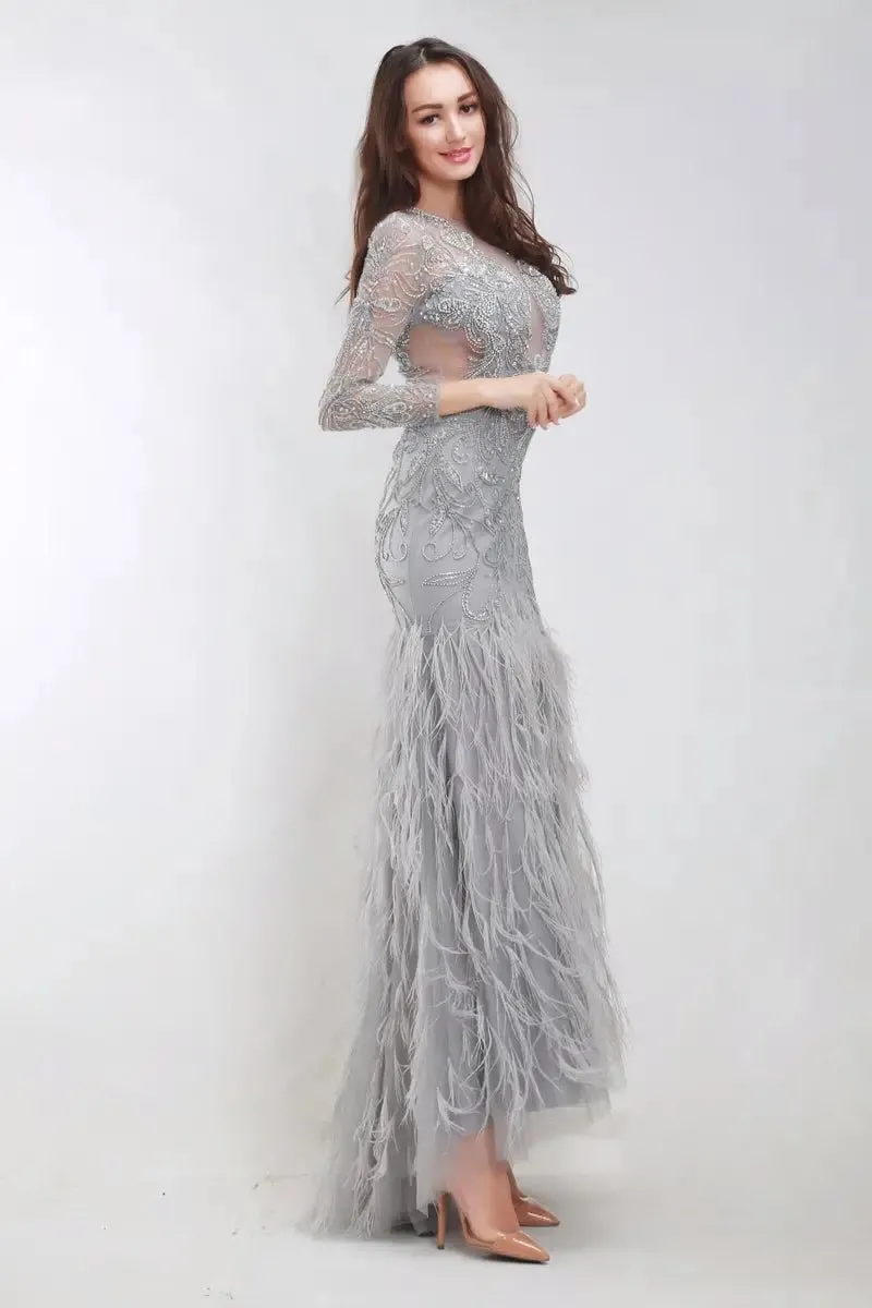 Grey Beading Embroidered Long sleeves Maxi Dress