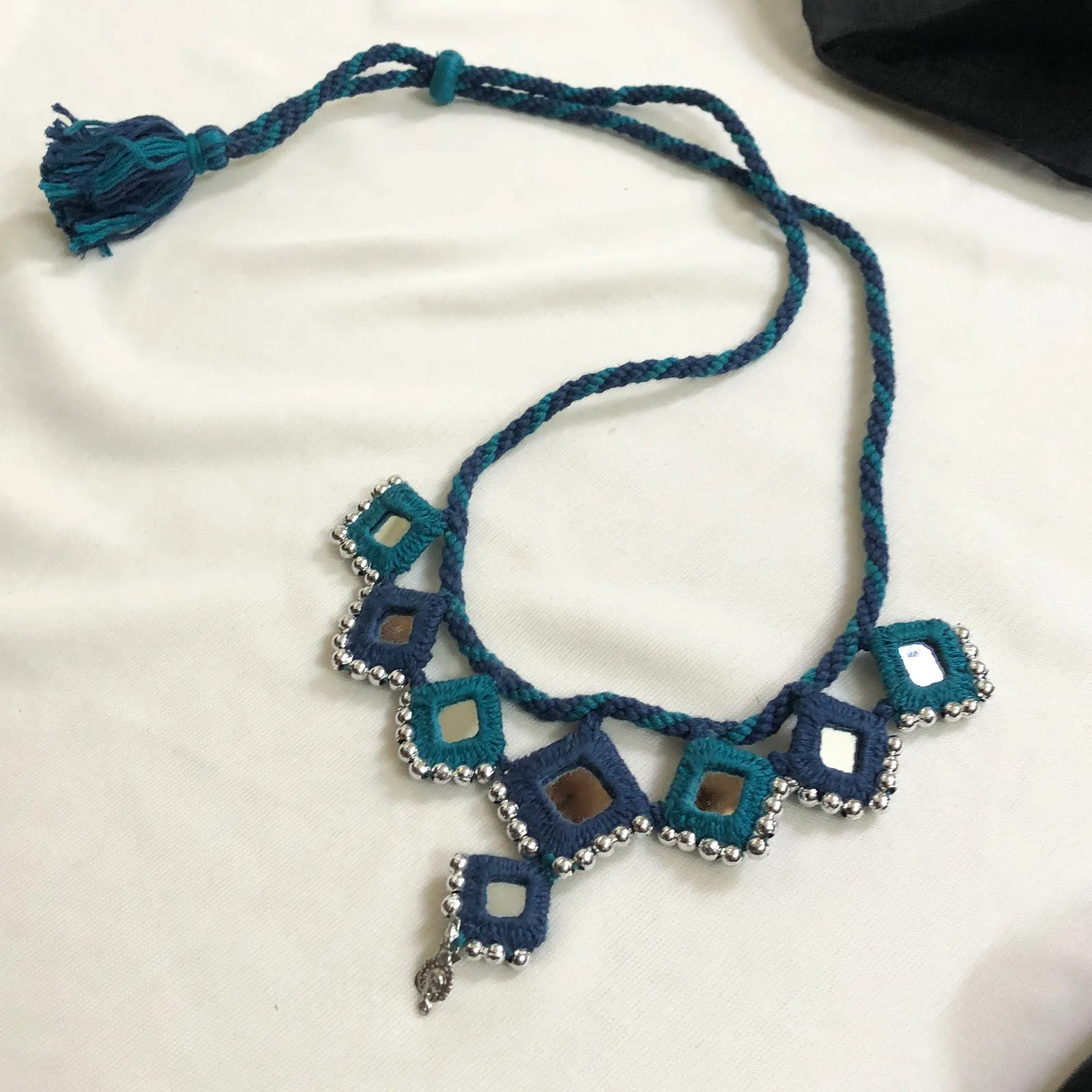 Handcrafted Mirror Work Necklace - Light Blue & Blue