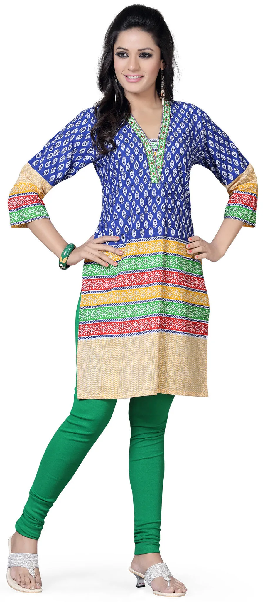 Indian Long Cotton Tunics Kurti Top Blouse Womens India Apparel (Blue)