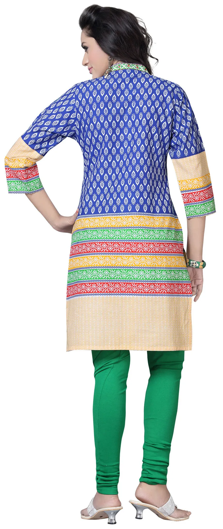 Indian Long Cotton Tunics Kurti Top Blouse Womens India Apparel (Blue)