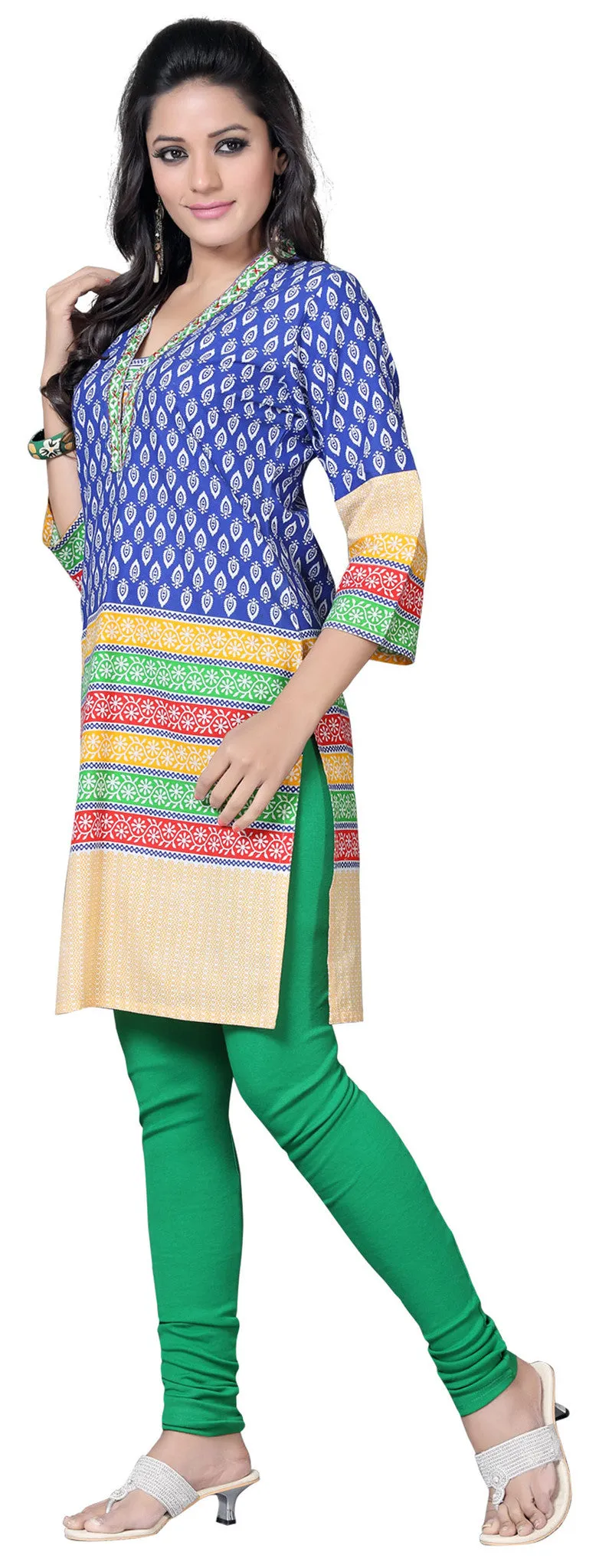 Indian Long Cotton Tunics Kurti Top Blouse Womens India Apparel (Blue)