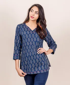 Indigo Hand Block Printed Top with Piping