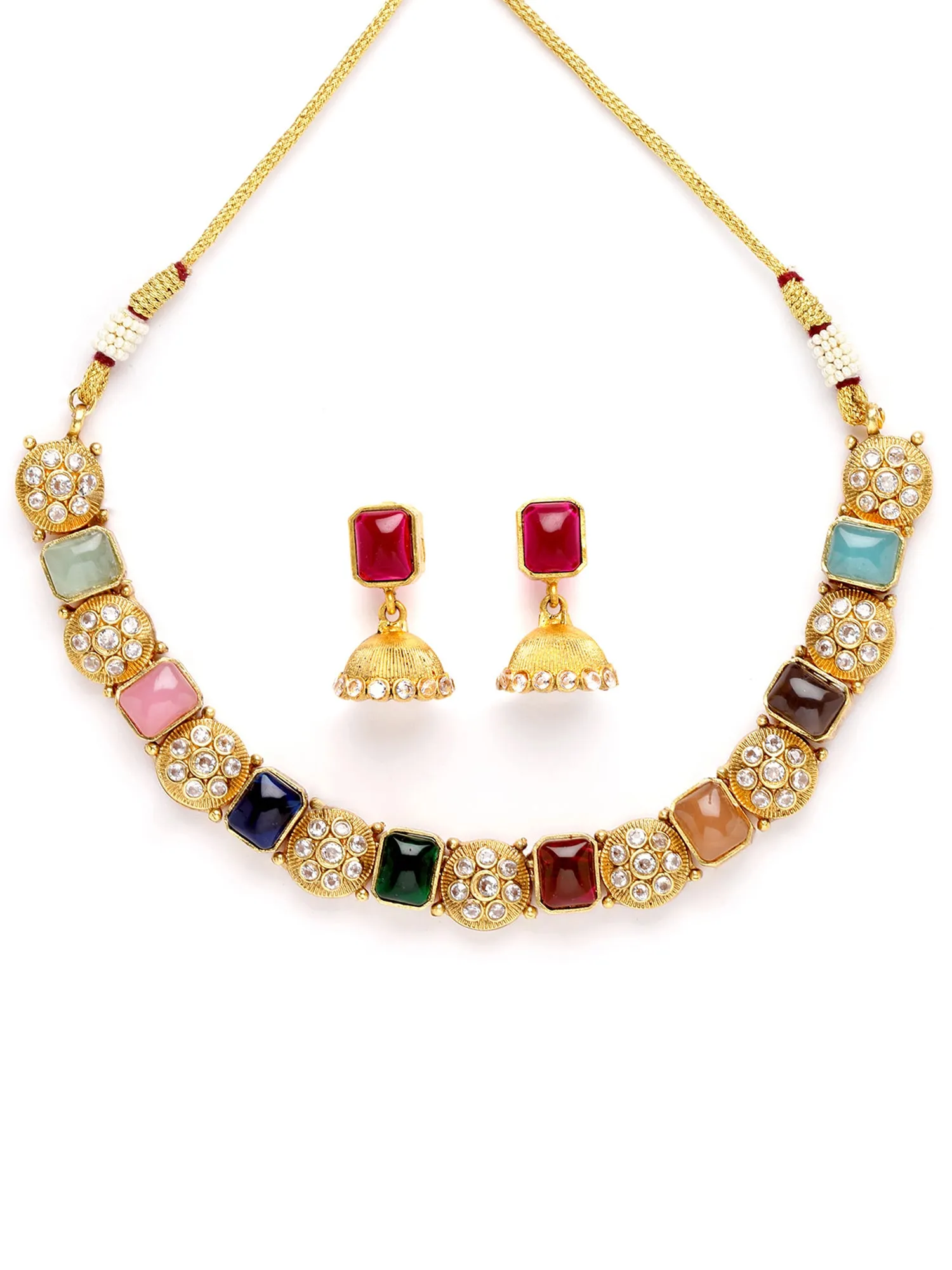 Karatcart Antique Gold Plated Multicolor Stones Studded Floral Design Necklace Set