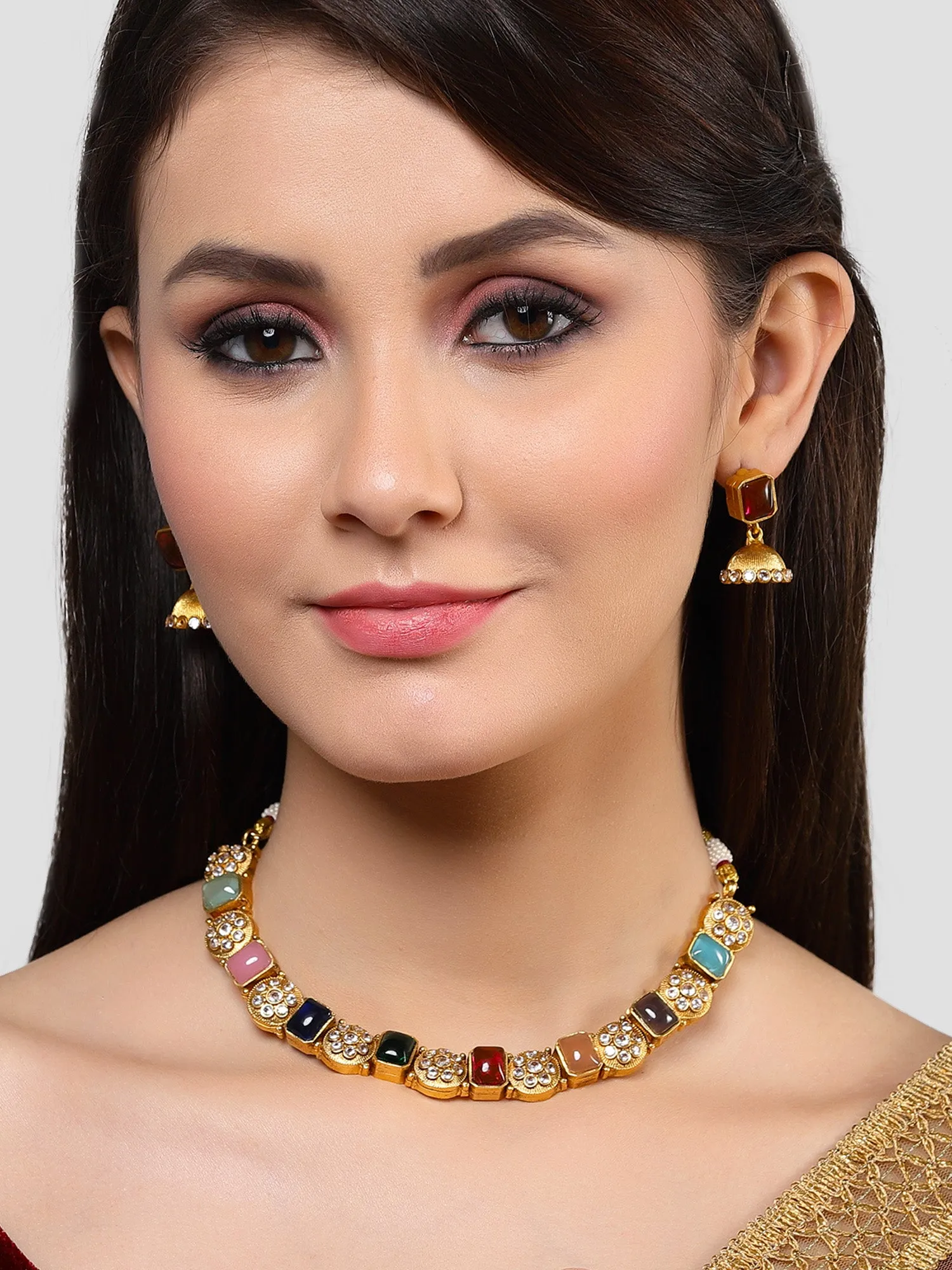 Karatcart Antique Gold Plated Multicolor Stones Studded Floral Design Necklace Set