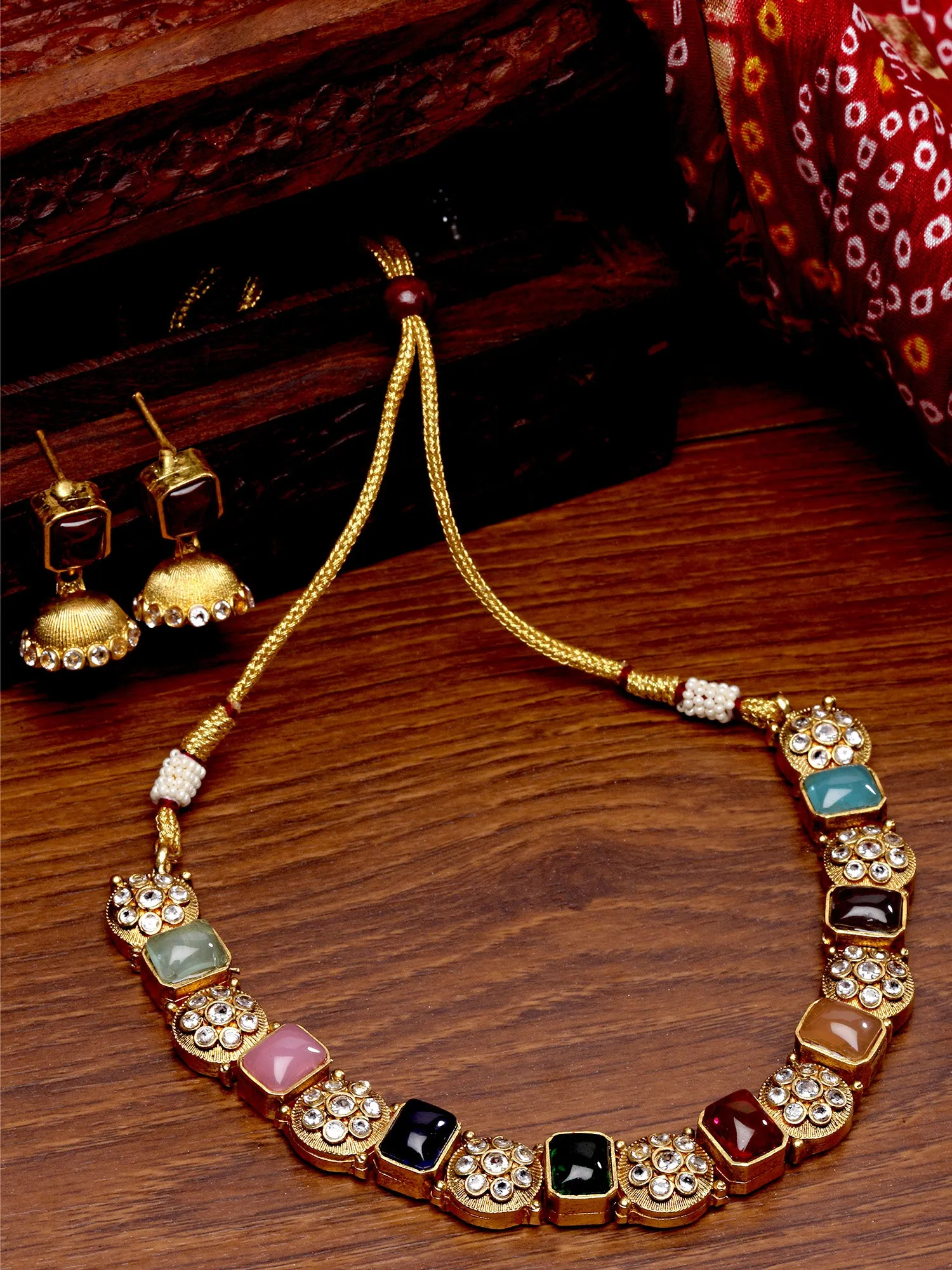 Karatcart Antique Gold Plated Multicolor Stones Studded Floral Design Necklace Set