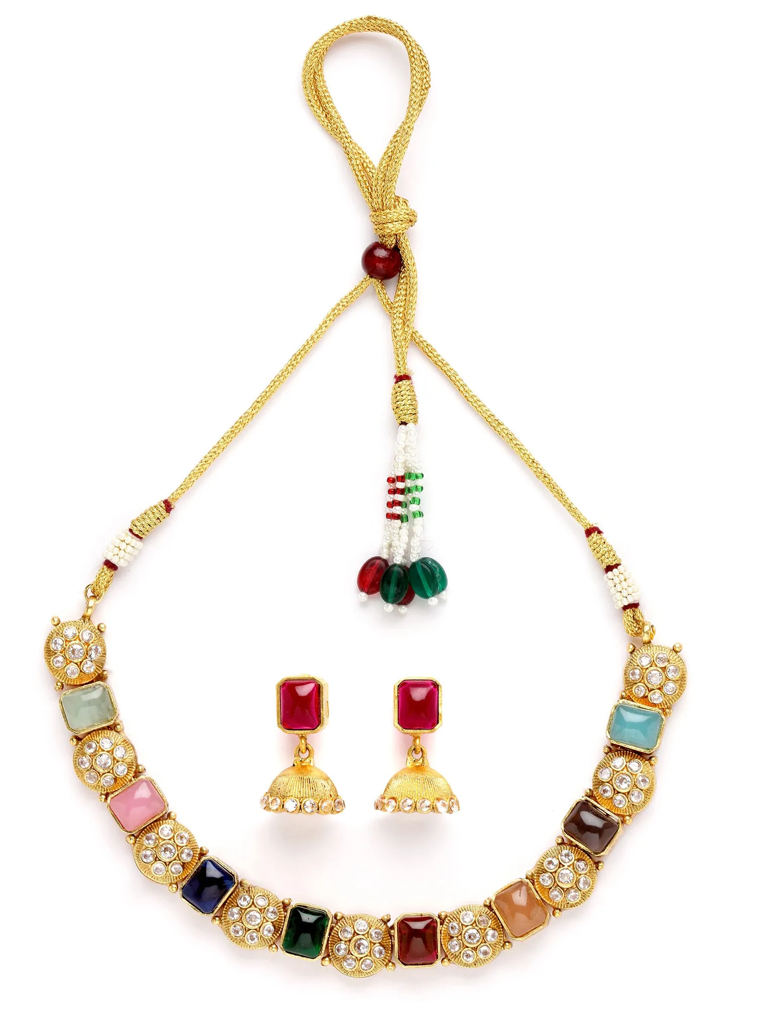 Karatcart Antique Gold Plated Multicolor Stones Studded Floral Design Necklace Set